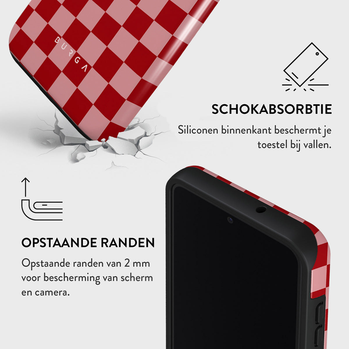 Le graphique montre l'absorption des chocs et les bords surélevés d'une coque de téléphone à carreaux.