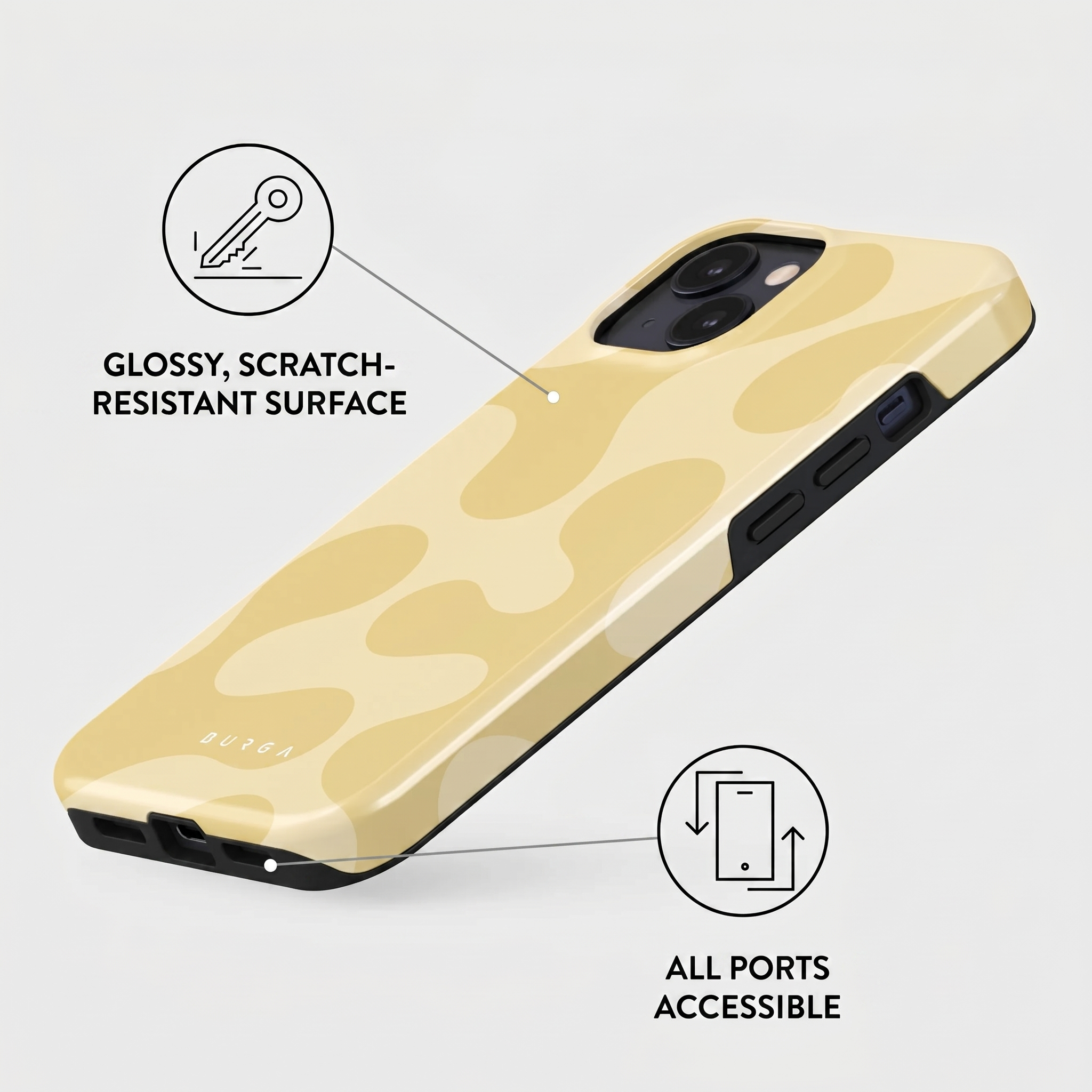 Telefoonhoesje met beige patroon, krasbestendig oppervlak en toegankelijke poorten.