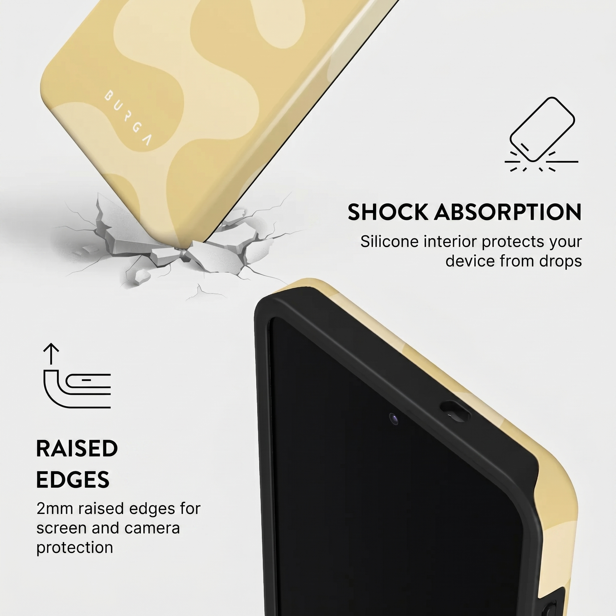 Infographic met telefoonhoesje met schokabsorptie en opstaande randen.