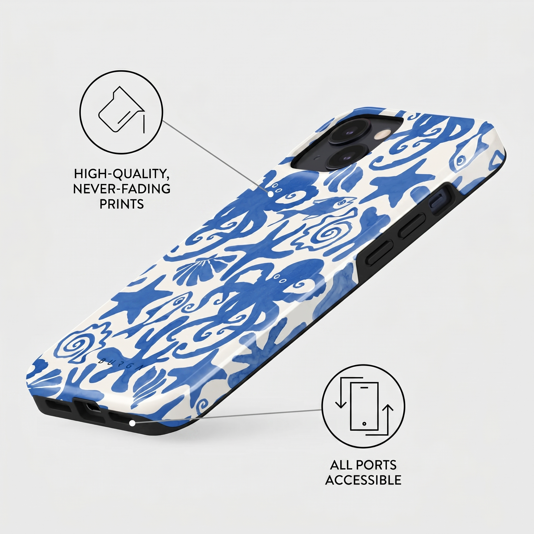 Telefoonhoesje met blauw-wit zeepatroon, duurzame print en toegankelijke poorten.