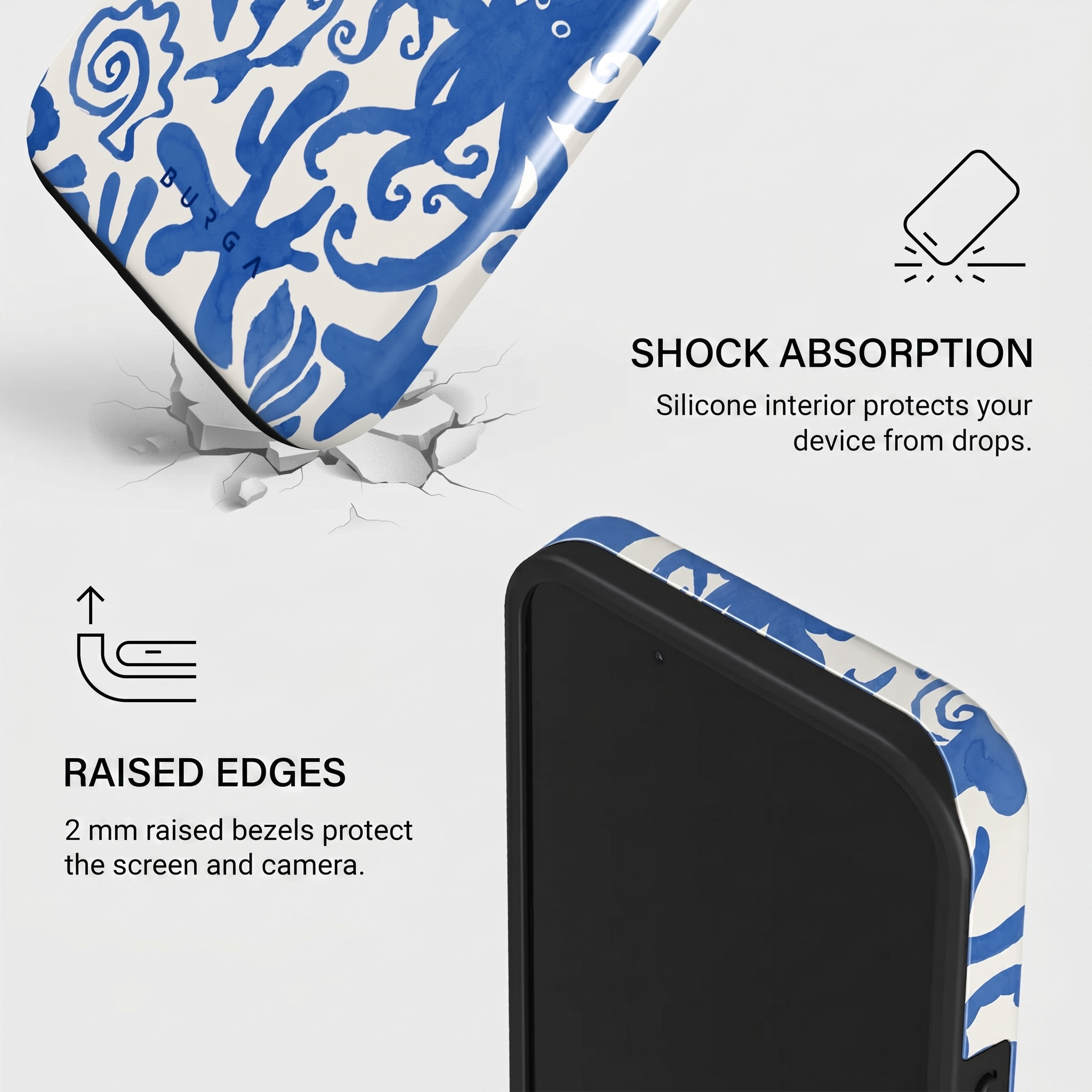 Telefoonhoesje met blauw patroon toont schokabsorptie en verhoogde randen.