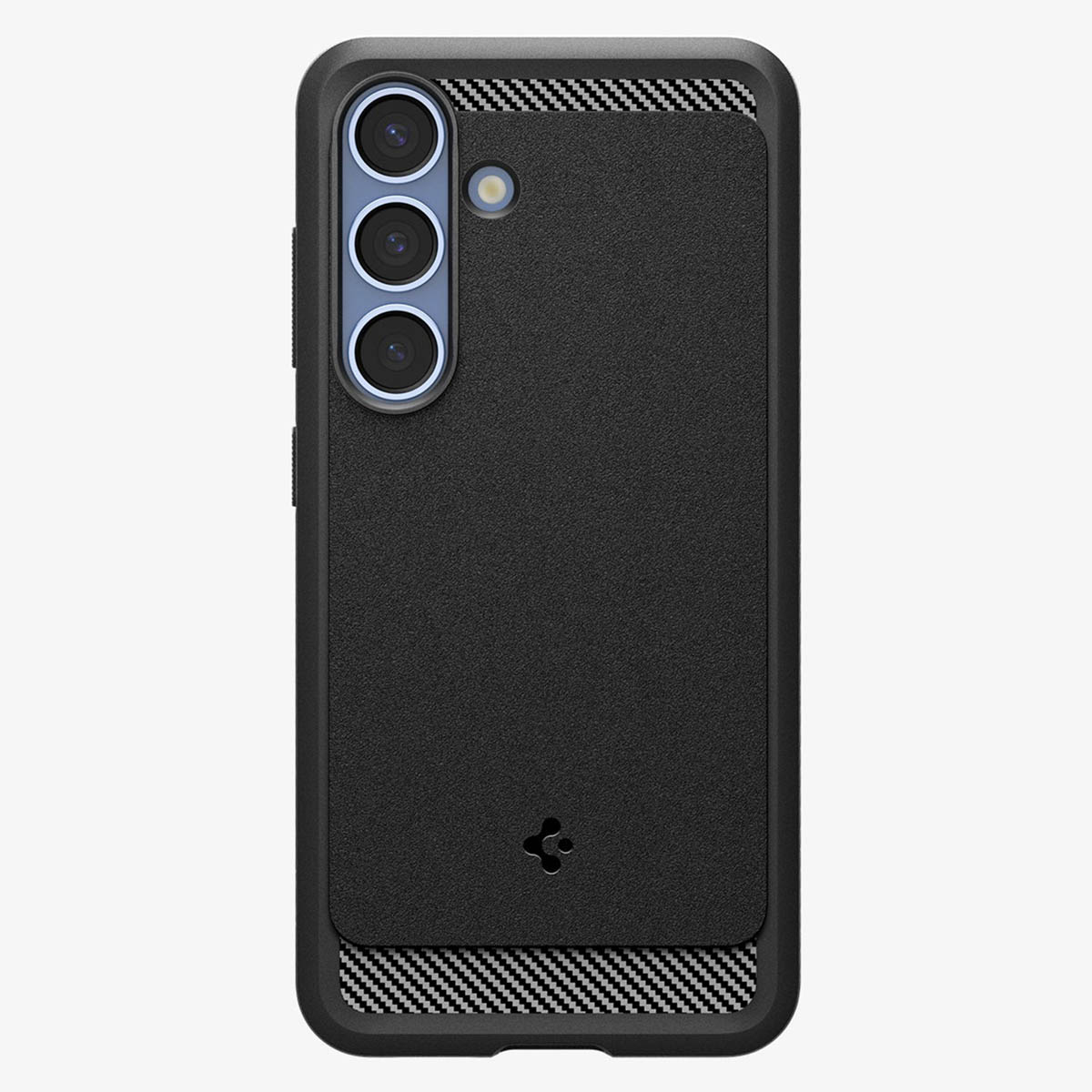 Czarne etui na telefon z teksturowanym tyłem, trzema pionowymi aparatami i akcentami z włókna węglowego.