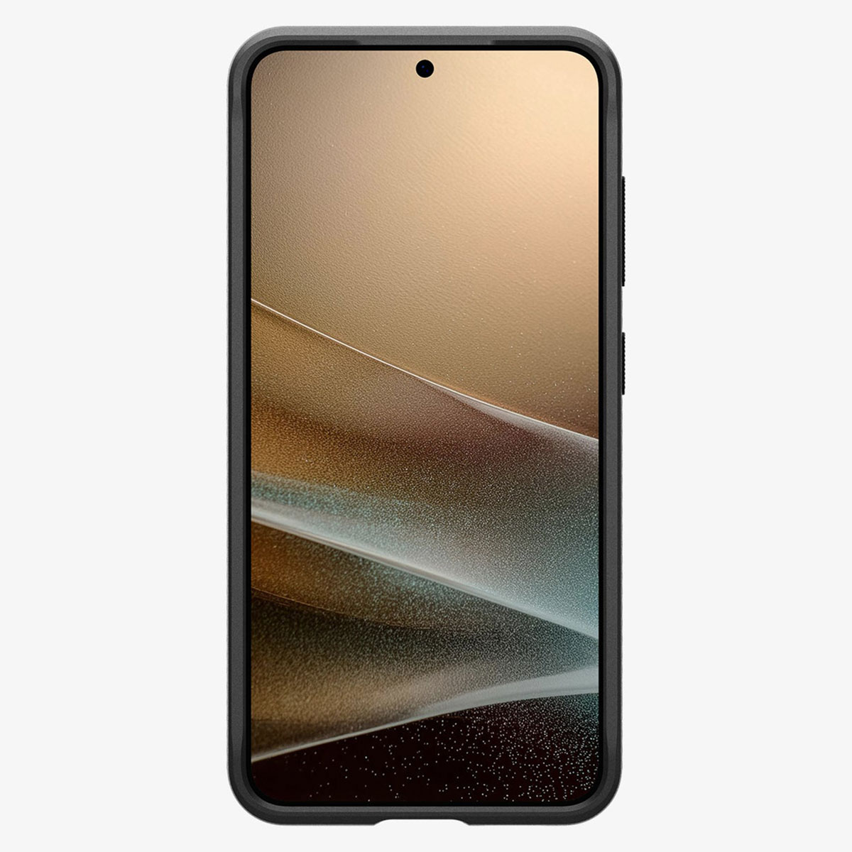 Smartfon w czarnym etui ochronnym wyświetla abstrakcyjną, złotą i białą tapetę.