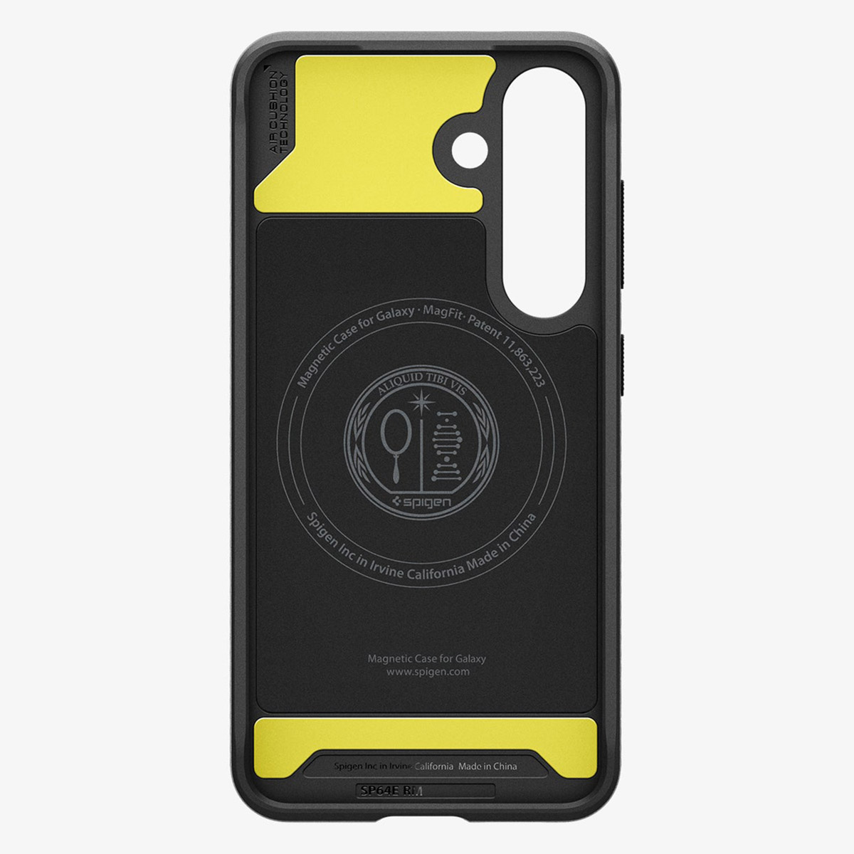 Wnętrze czarnego etui na smartfon z żółtymi akcentami, pierścieniem magnetycznym i okrągłym logo.