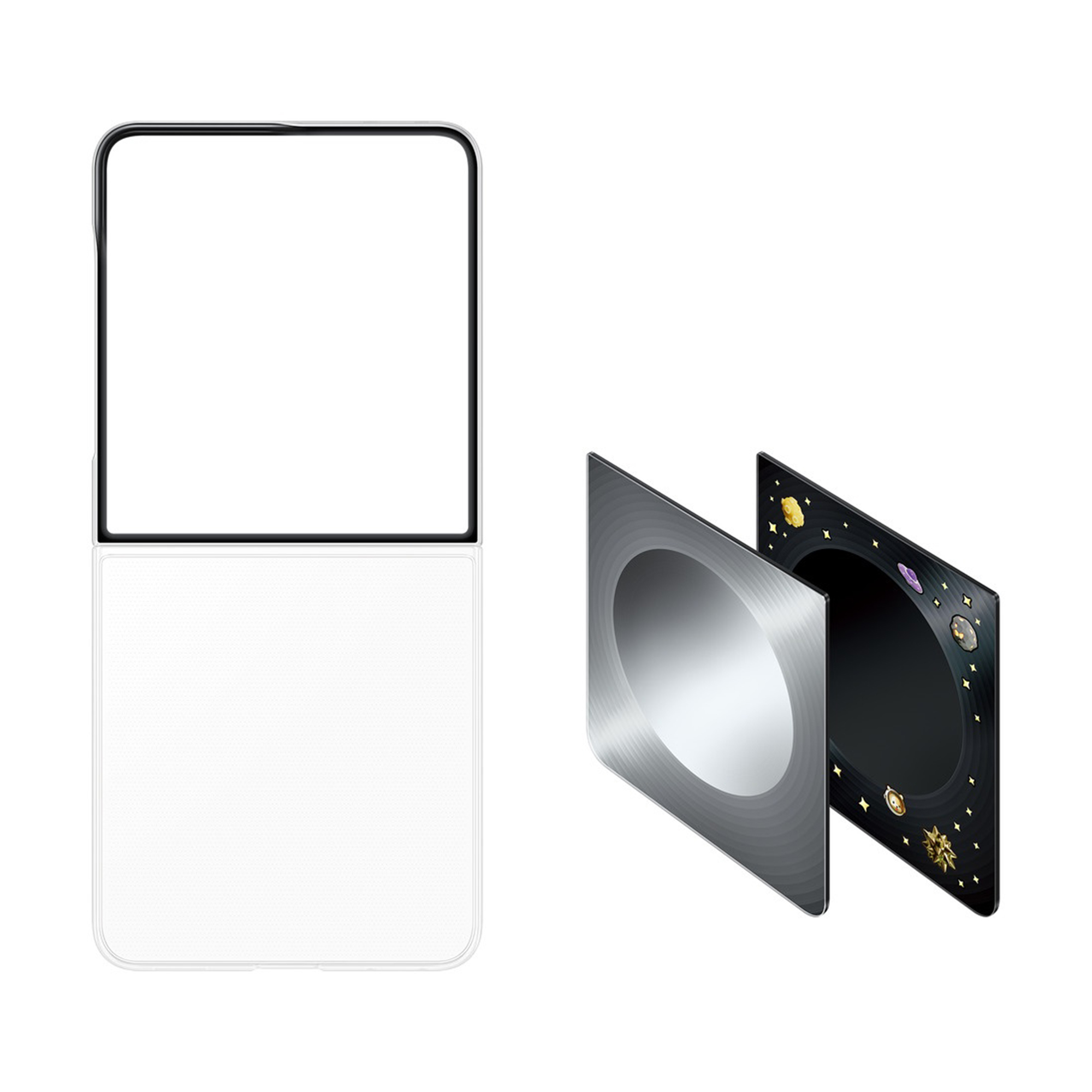 Uno smartphone bianco pieghevole accanto a due carte quadrate, una argentata e una con disegni spaziali.