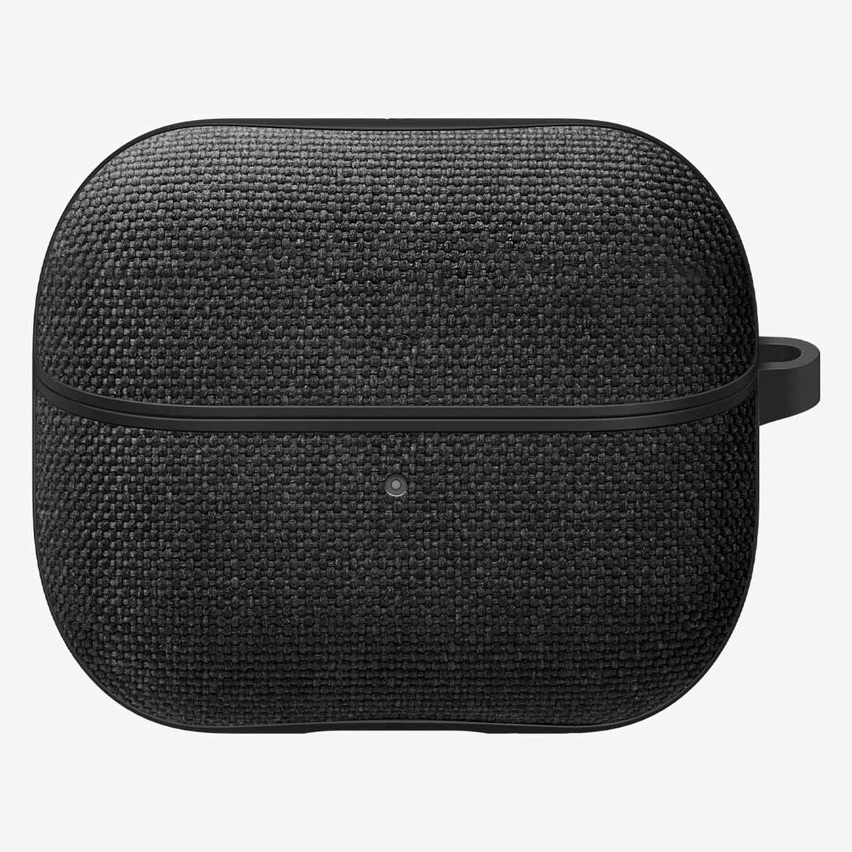 Custodia protettiva in tessuto nero per auricolari wireless con spia di carica su sfondo chiaro.