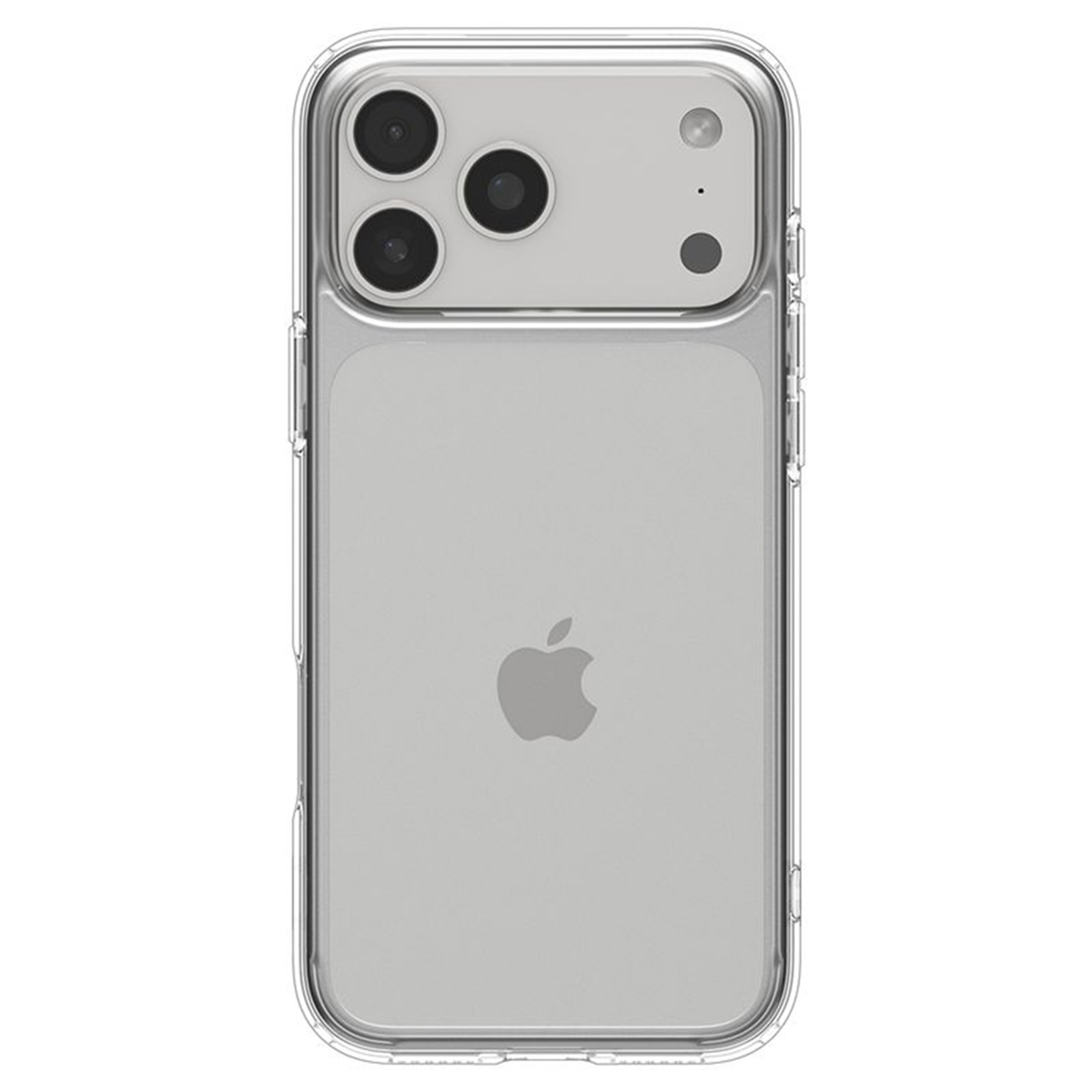 Tył iPhone'a w przezroczystym etui ochronnym, z potrójnym aparatem i logo Apple.