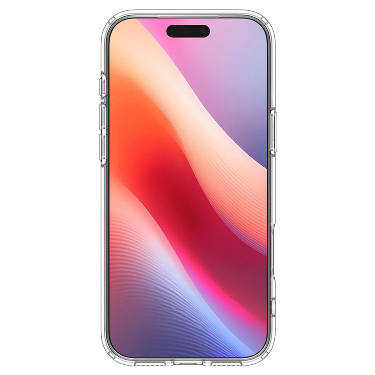 Smartfon w przezroczystym etui z kolorowym, abstrakcyjnym tłem na ekranie.