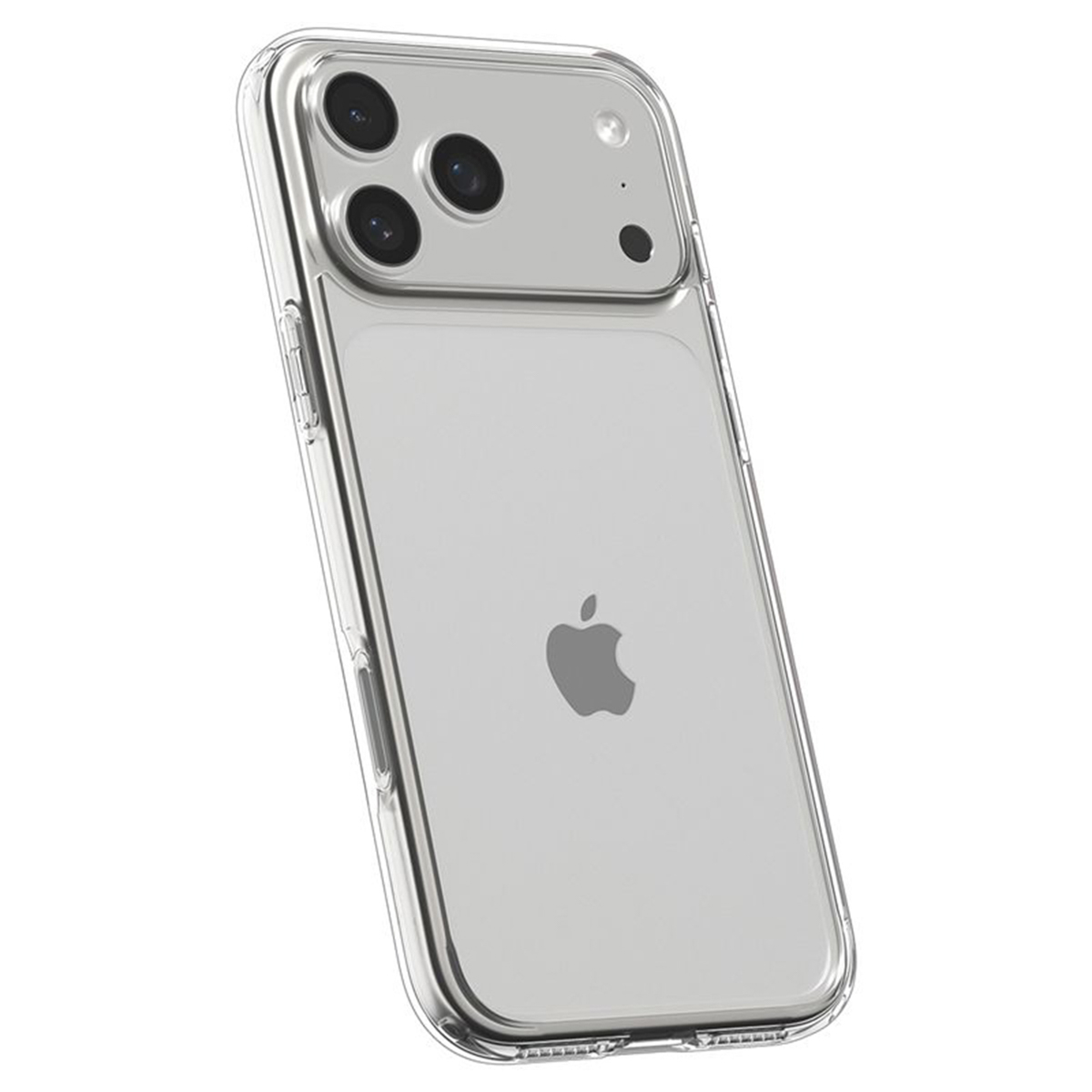 Smartfon w przezroczystym etui pokazuje tył z logo Apple i trzema obiektywami aparatów.
