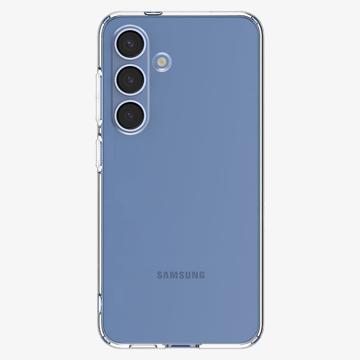 Tył niebieskiego smartfona Samsung w przezroczystym etui z trzema pionowymi aparatami.