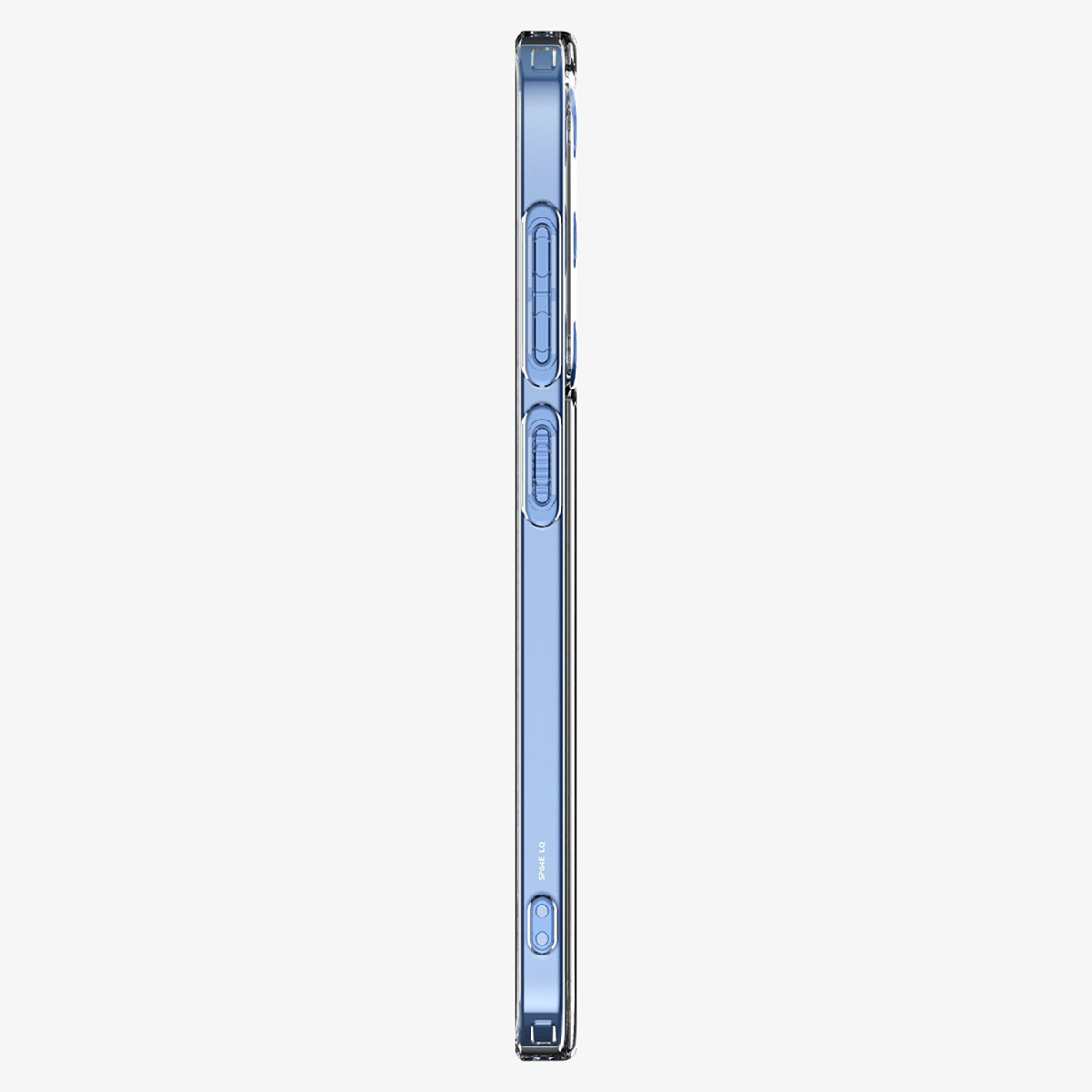 Widok z boku niebieskiego etui na telefon z przyciskami na białym tle.