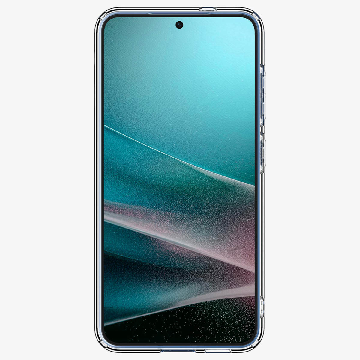 Smartfon w przezroczystym etui ochronnym z turkusowo-czarną abstrakcyjną grafiką na ekranie.