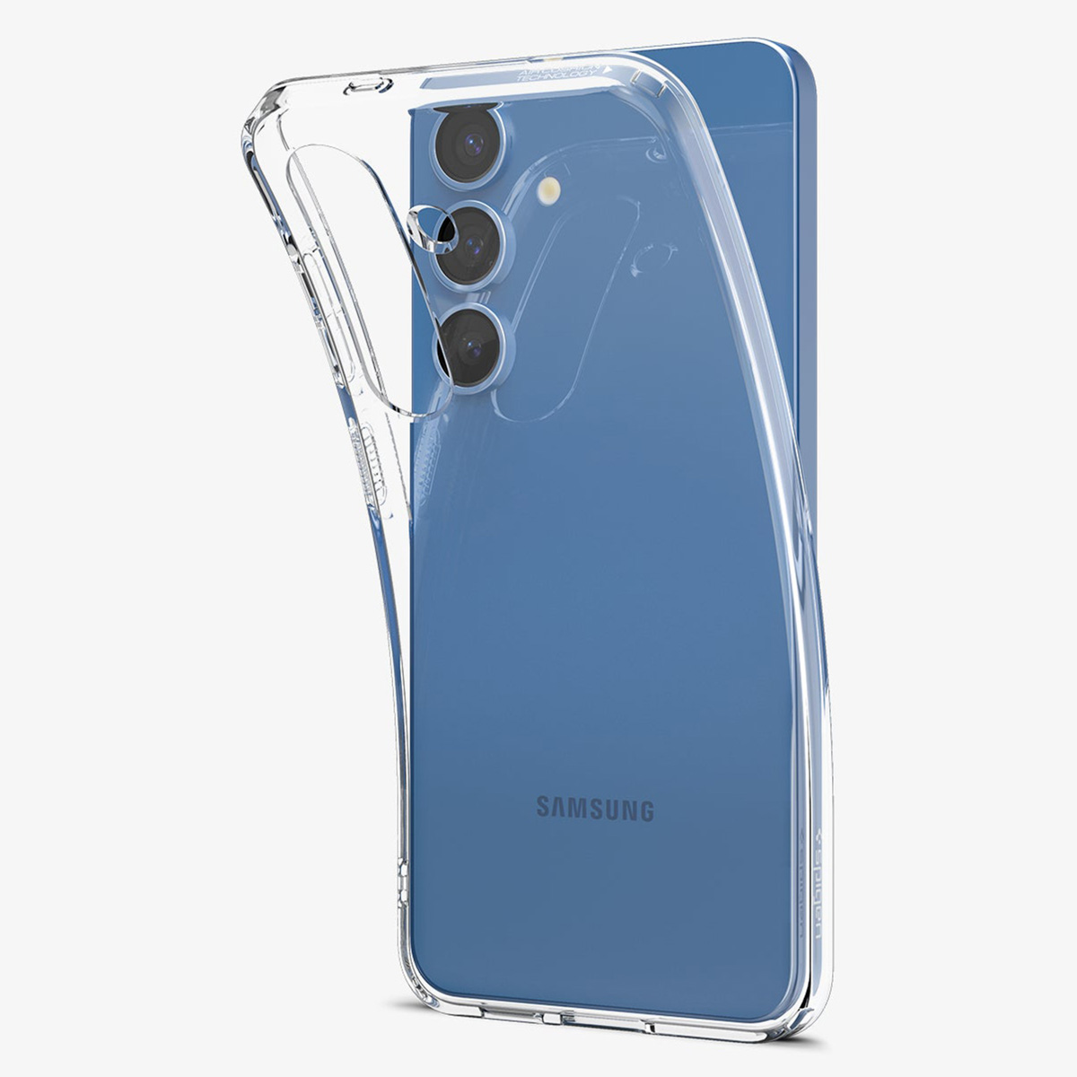 Niebieski smartfon z przezroczystym etui, które jest zdejmowane, na białym tle.