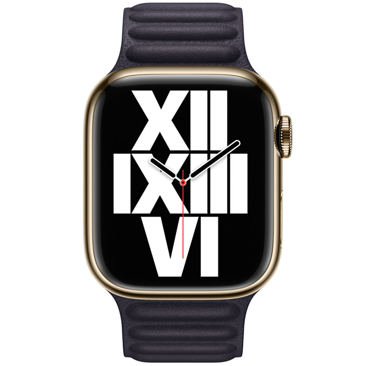 Uno smartwatch con cassa dorata, cinturino viola scuro e quadrante nero con grandi numeri romani bianchi.