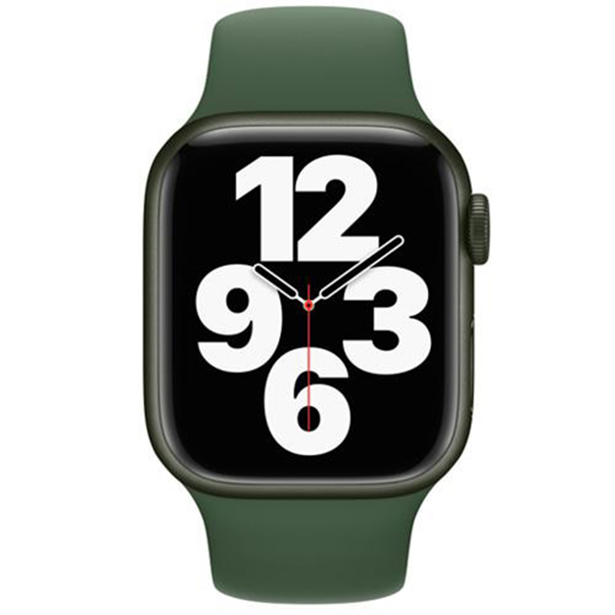 Zielony smartwatch z czarnym ekranem, dużymi białymi cyframi i białymi wskazówkami.