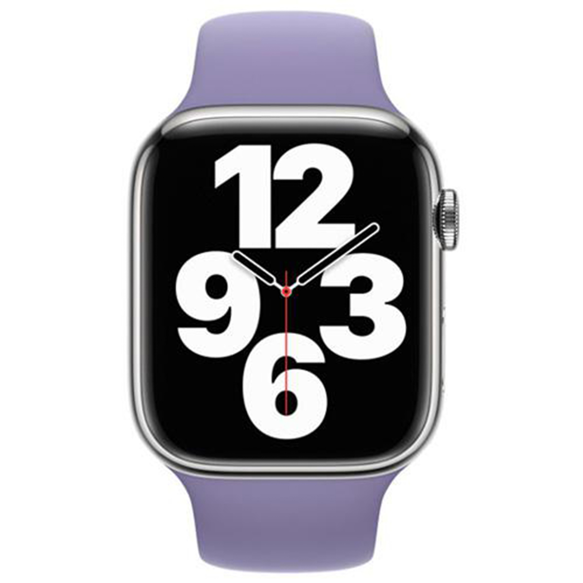 Une montre connectée avec boîtier argenté, bracelet violet et cadran numérique noir affichant de grands chiffres blancs.