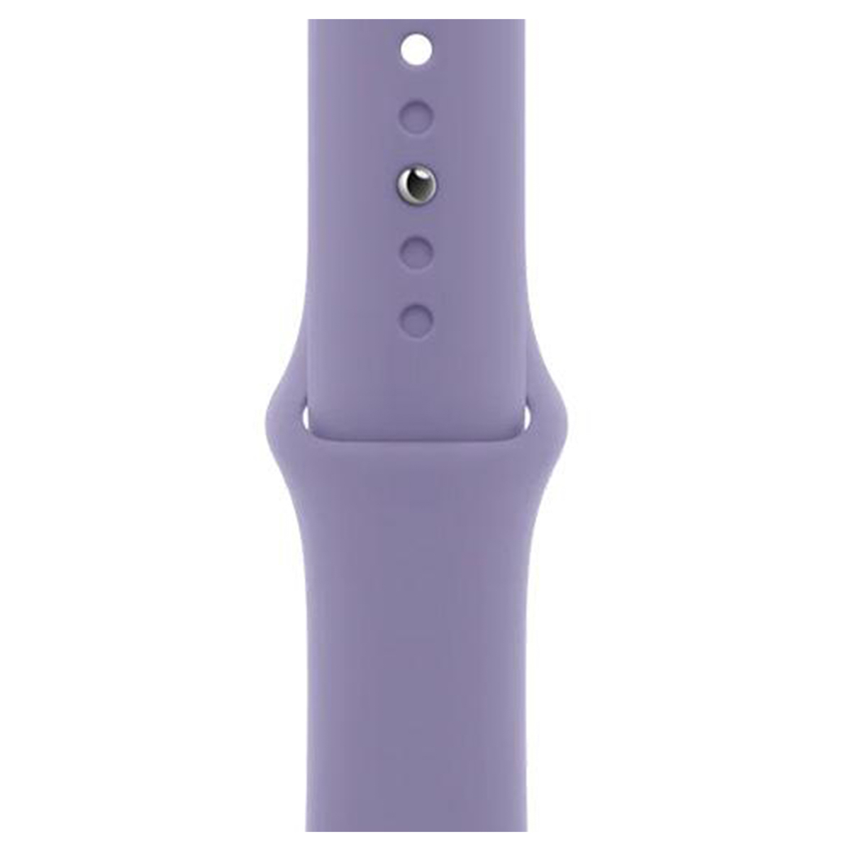 Gros plan sur un bracelet de montre connectée en silicone violet clair avec fermoir en métal argenté sur fond blanc.