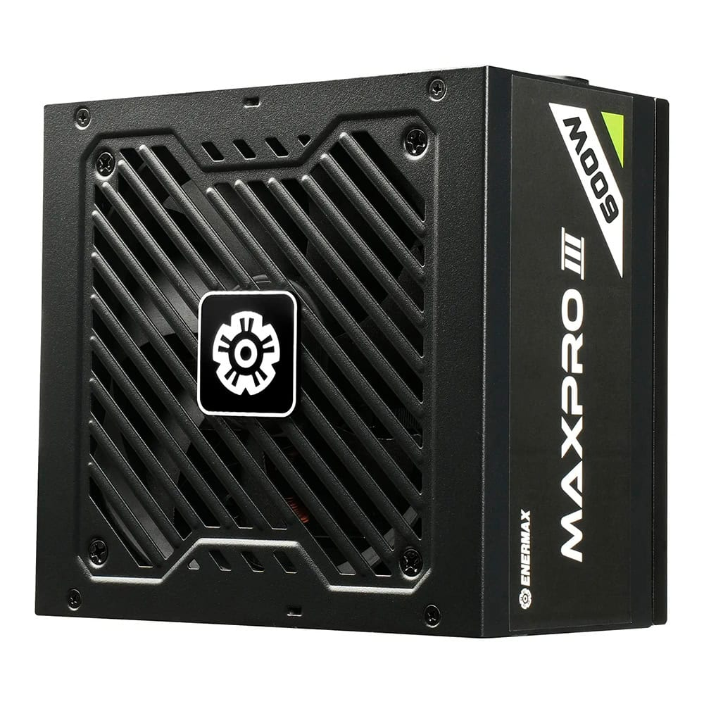 Çapraz havalandırma ızgarasına ve marka logosuna sahip siyah Enermax Maxpro III 600W bilgisayar güç kaynağı.