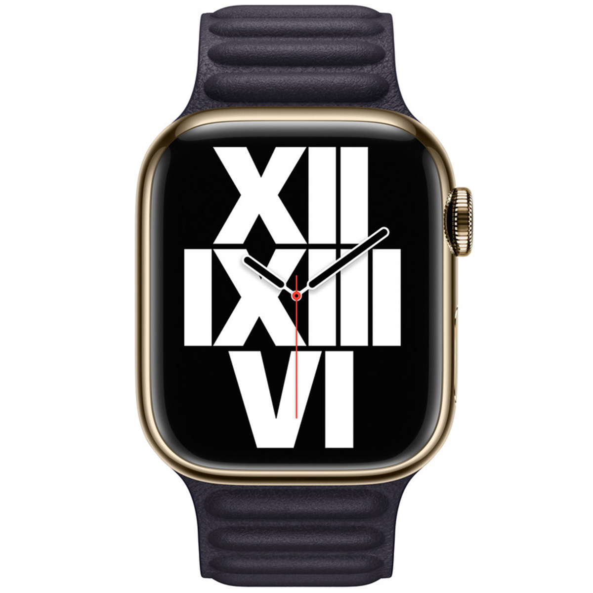 Uno smartwatch con cassa dorata, display nero con numeri romani e cinturino in pelle blu scuro.