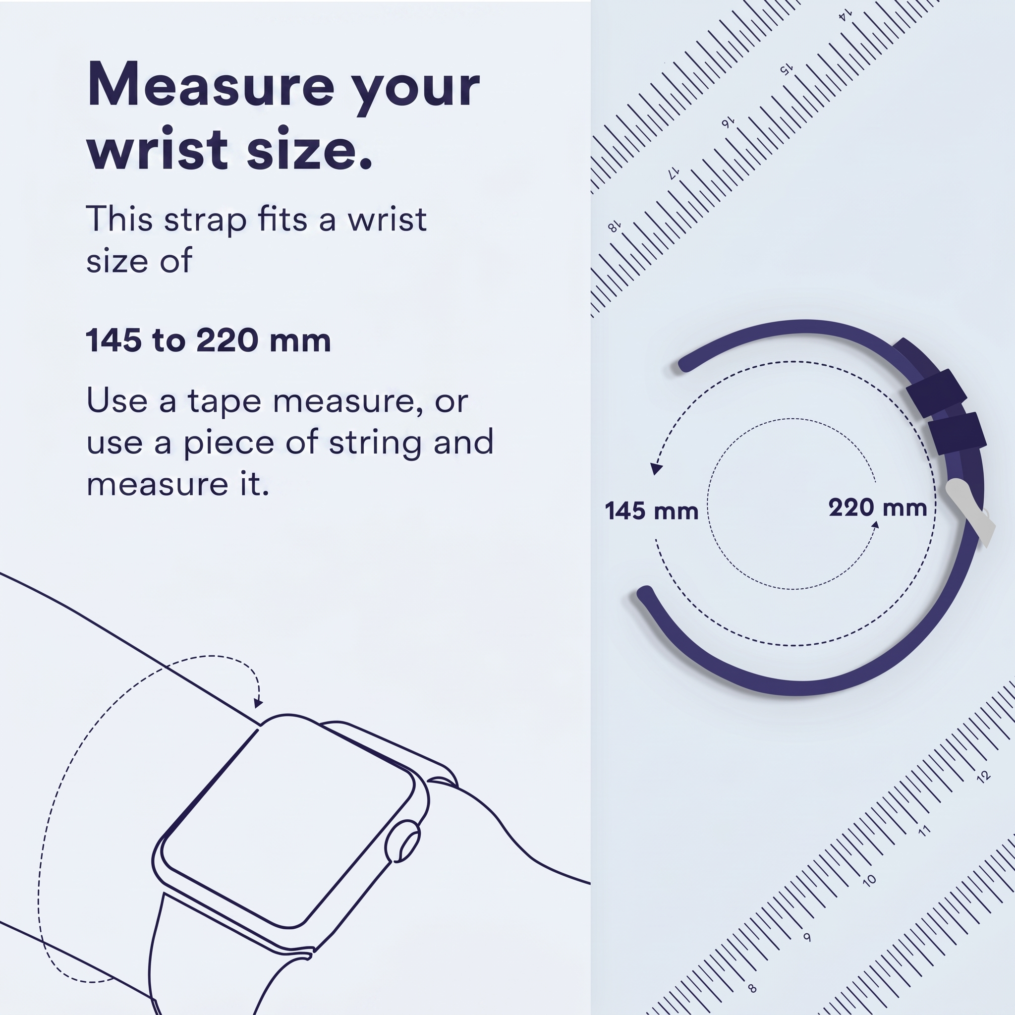 Instrukcja pomiaru nadgarstka z tekstem i grafiką dla pasków od 145 do 220 mm.