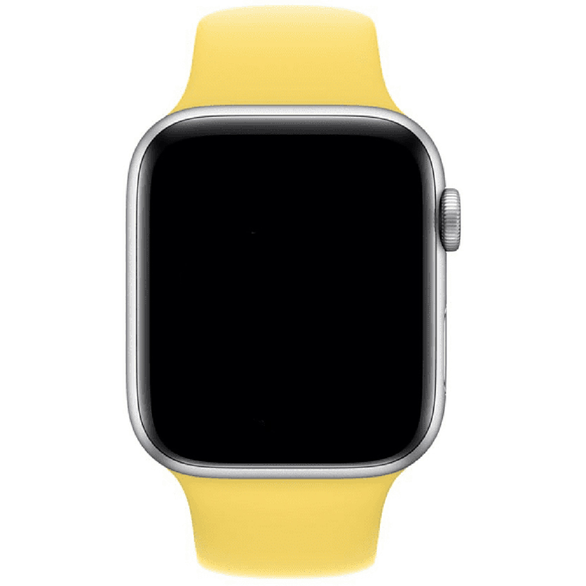 Srebrny smartwatch z żółtym silikonowym paskiem i ciemnym ekranem na białym tle.