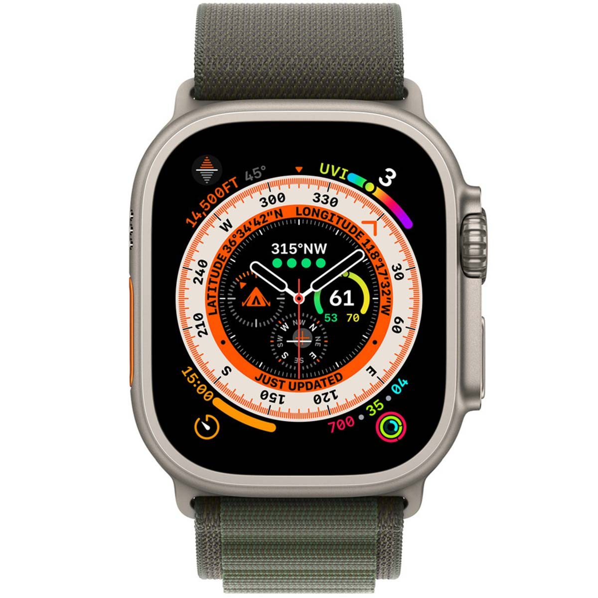 Un Apple Watch Ultra con quadrante arancione a bussola e cinturino in tessuto verde oliva.