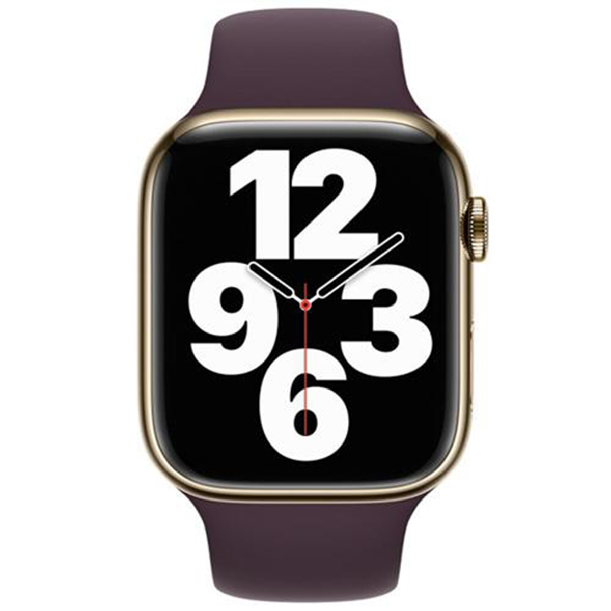 Uno smartwatch con cassa dorata, cinturino viola scuro e un quadrante che mostra grandi numeri bianchi.
