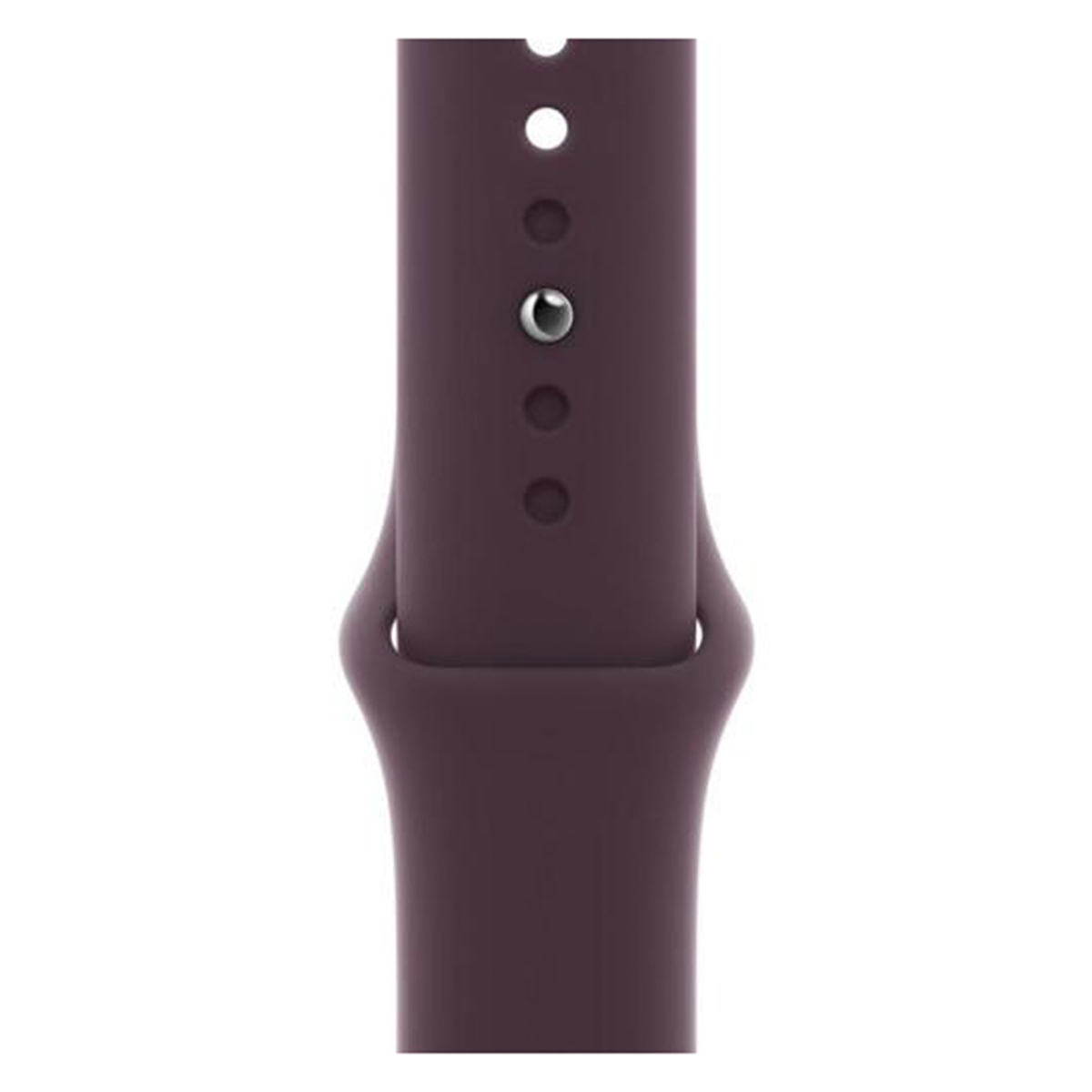 Un cinturino per smartwatch viola con fori perforati e chiusura a spilla in metallo argentato su sfondo bianco.