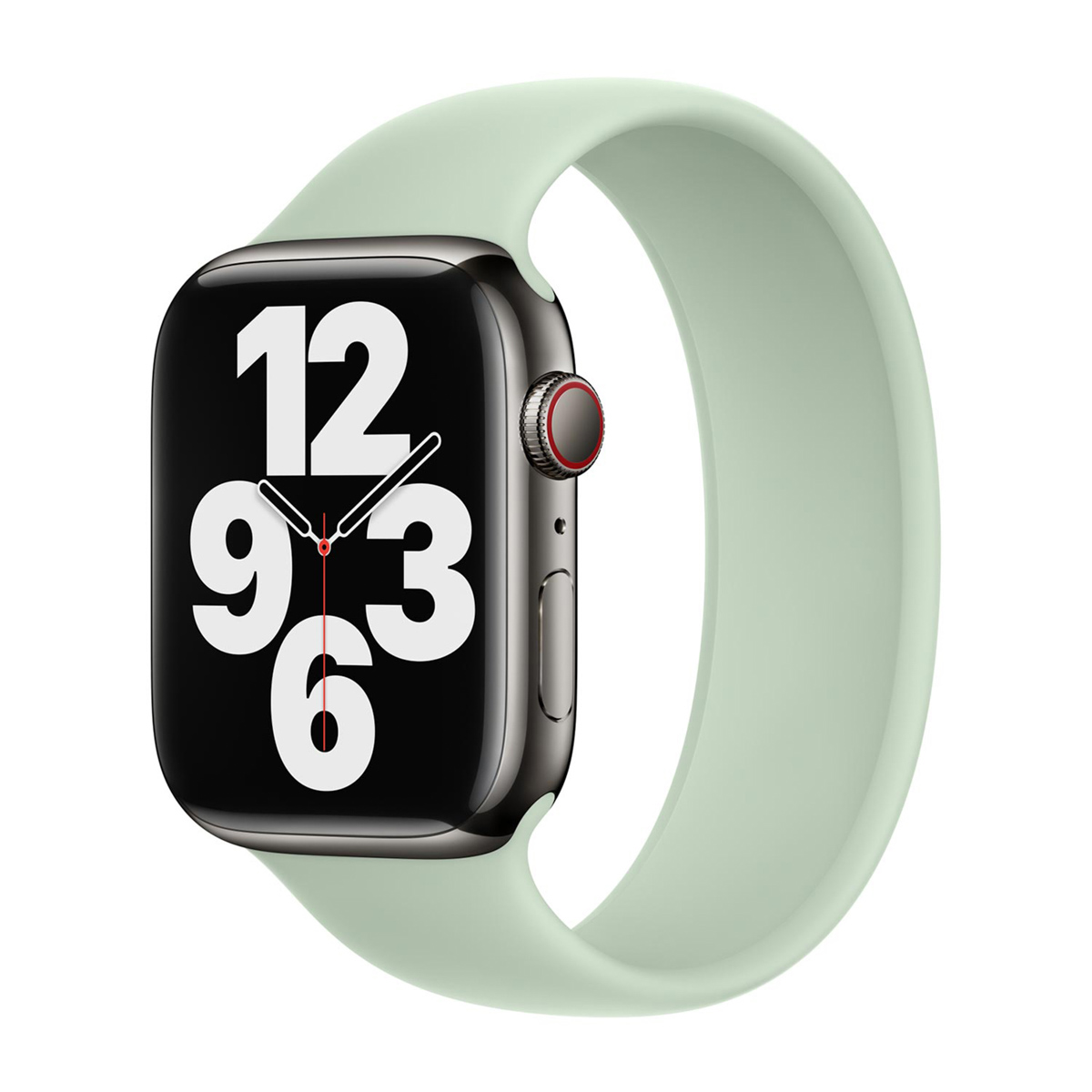 Apple Watch z jasnozielonym paskiem i dużą tarczą numeryczną na białym tle.