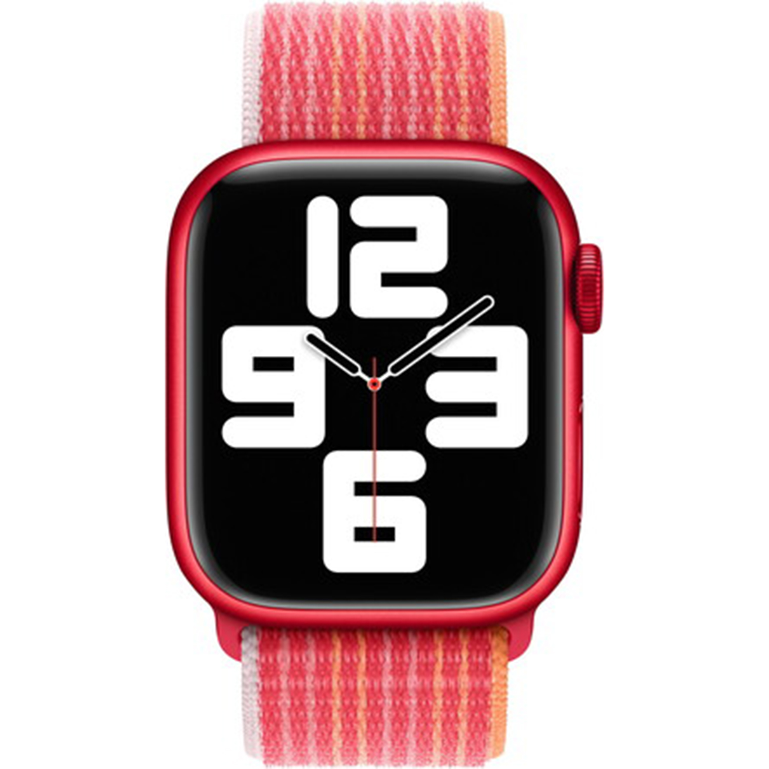Czerwony smartwatch z cyfrową tarczą i paskiem z tkaniny w czerwono-pomarańczowe paski.
