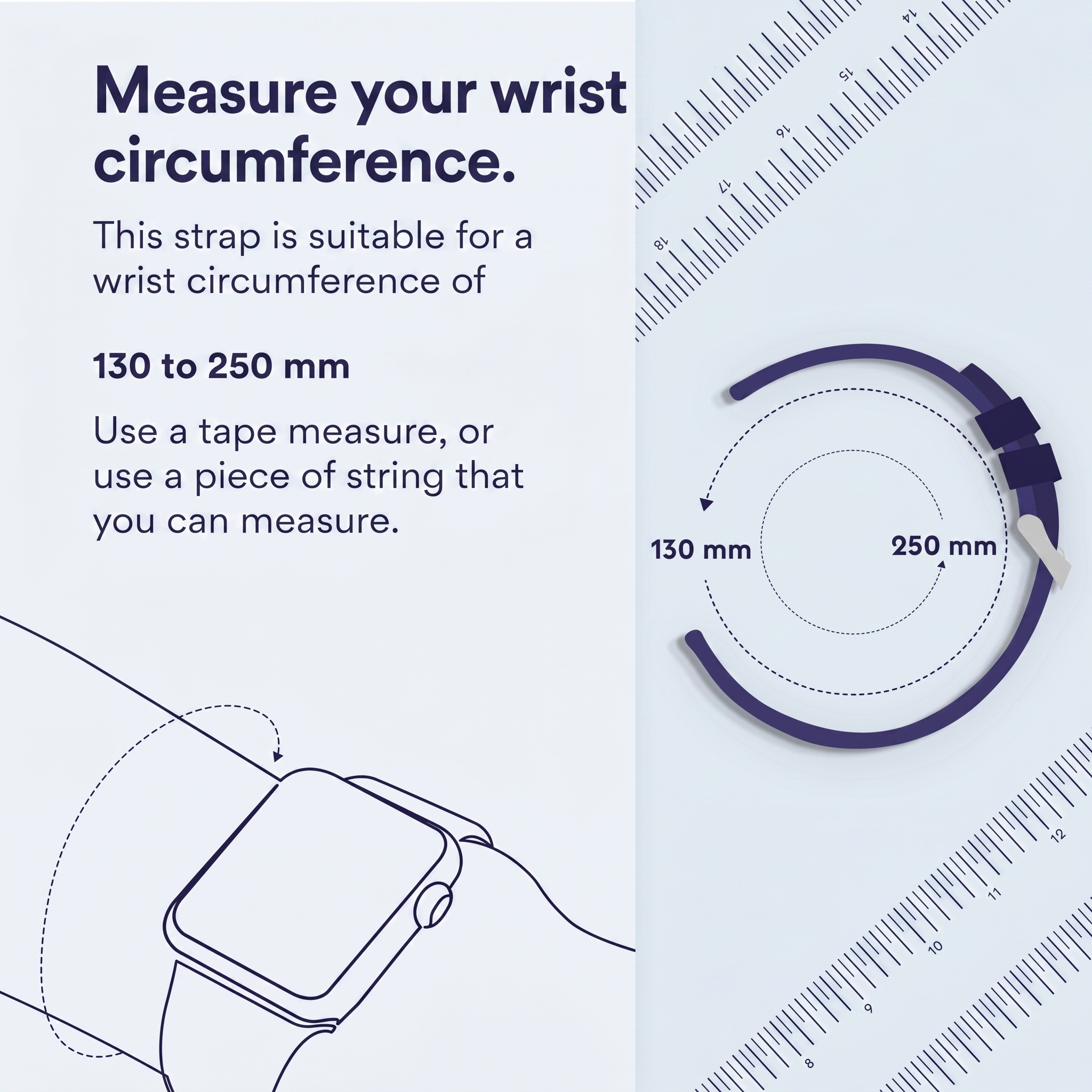 Instrucciones para medir la circunferencia de la muñeca para una correa, mostrando de 130 a 250 mm.