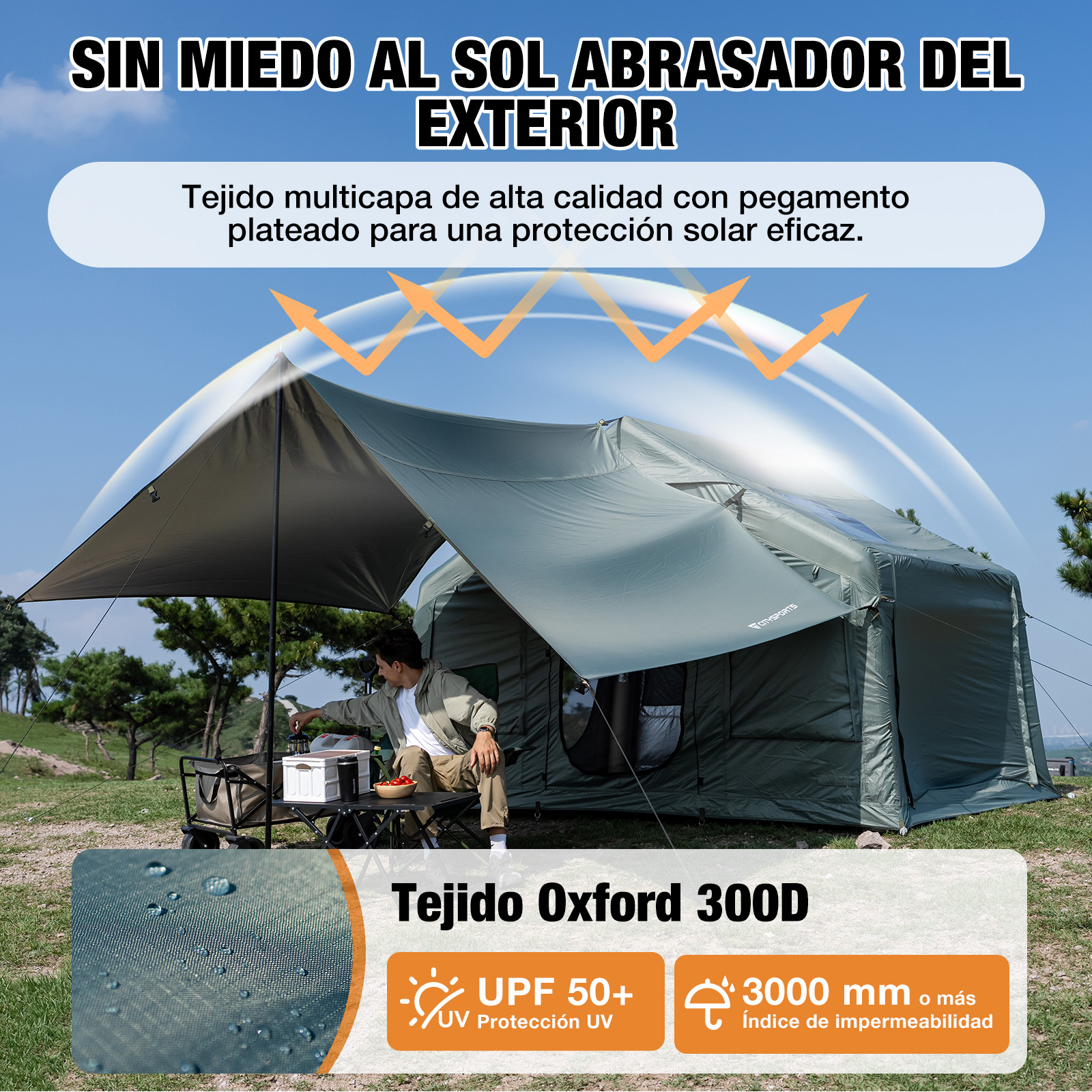 Una gran tienda de campaña verde al aire libre con gráficos de protección UV, una persona sentada y texto promocional.