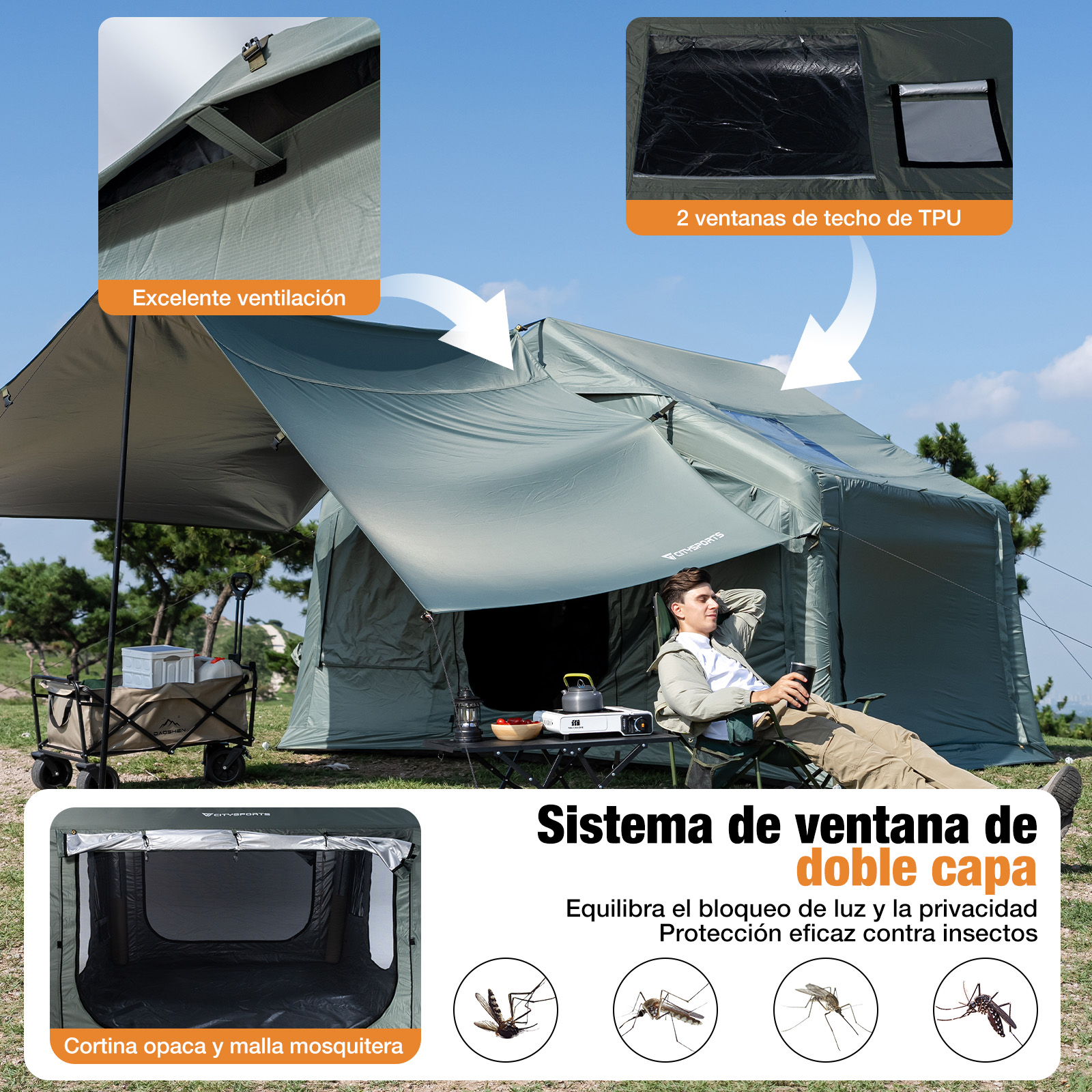 Un hombre relajándose frente a una carpa verde con ventilación, ventanas de TPU y mosquiteros destacados.