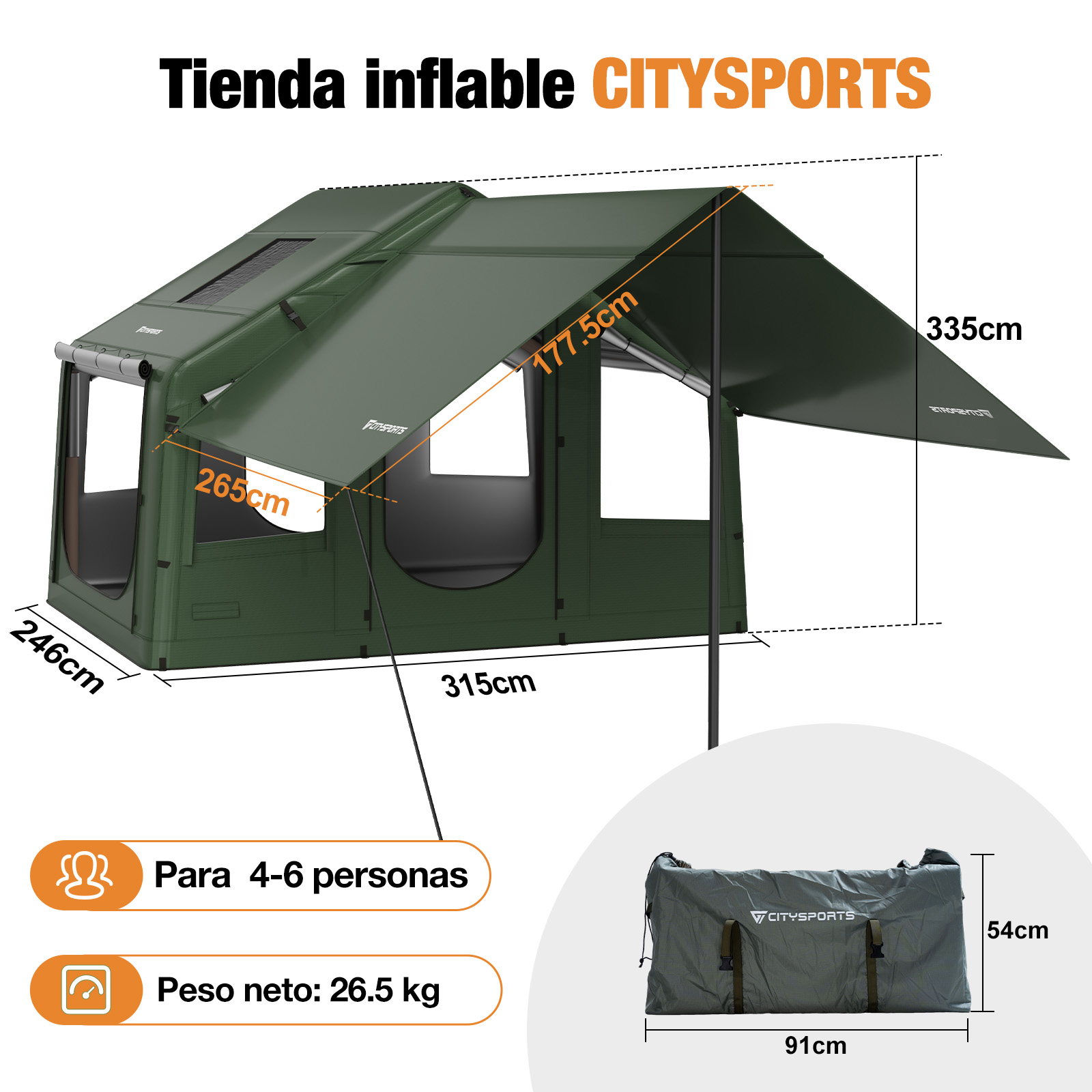 Tienda inflable verde para 4-6 personas con dimensiones y bolsa.
