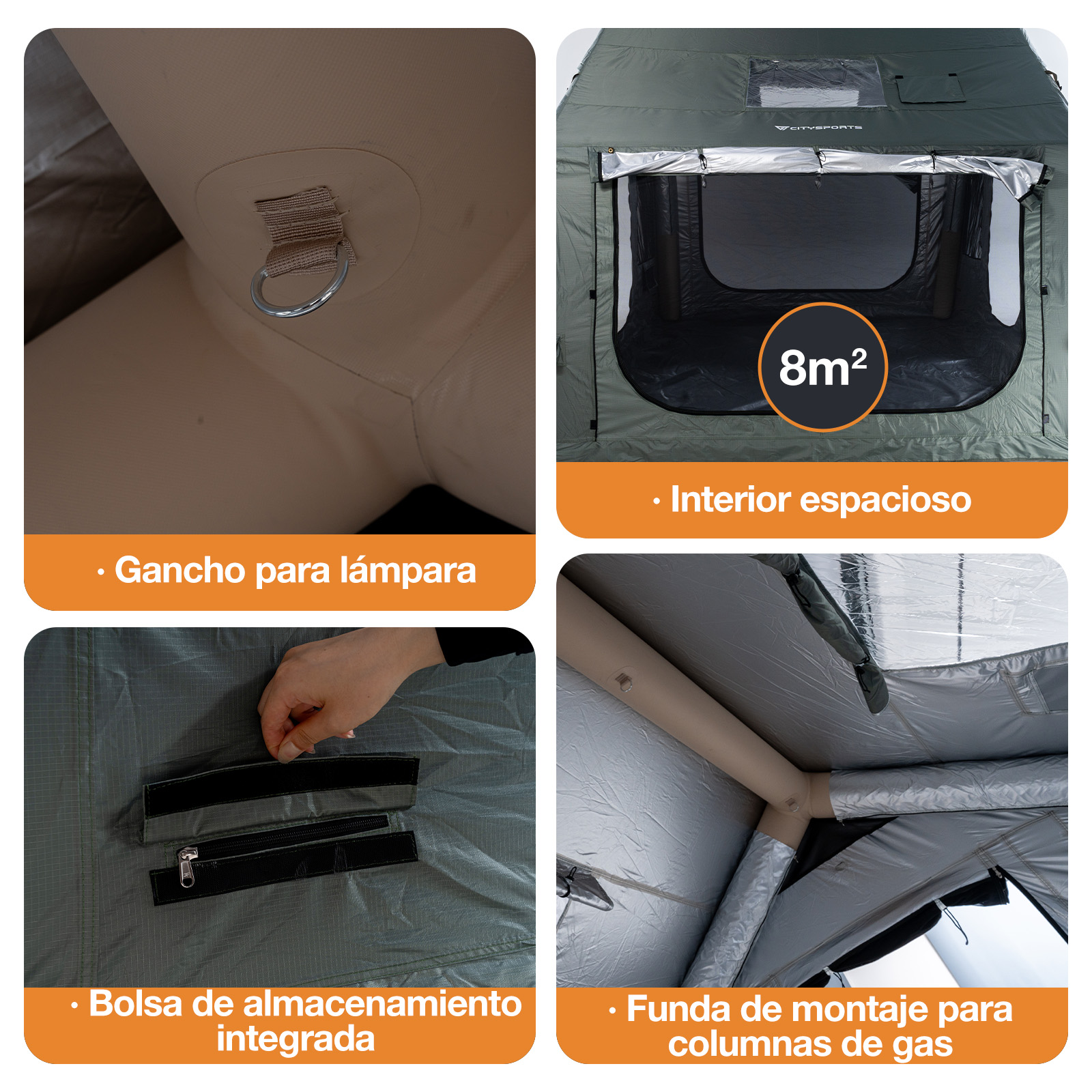 Cuatro imágenes que muestran características de la tienda: gancho para lámpara, interior de 8m2, bolsillo y funda.