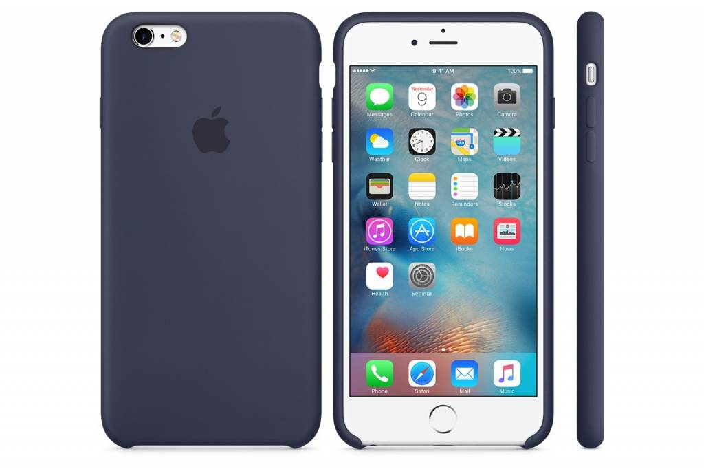 Ciemnoniebieski iPhone w silikonowym etui, pokazany z przodu, z tyłu i z boku.