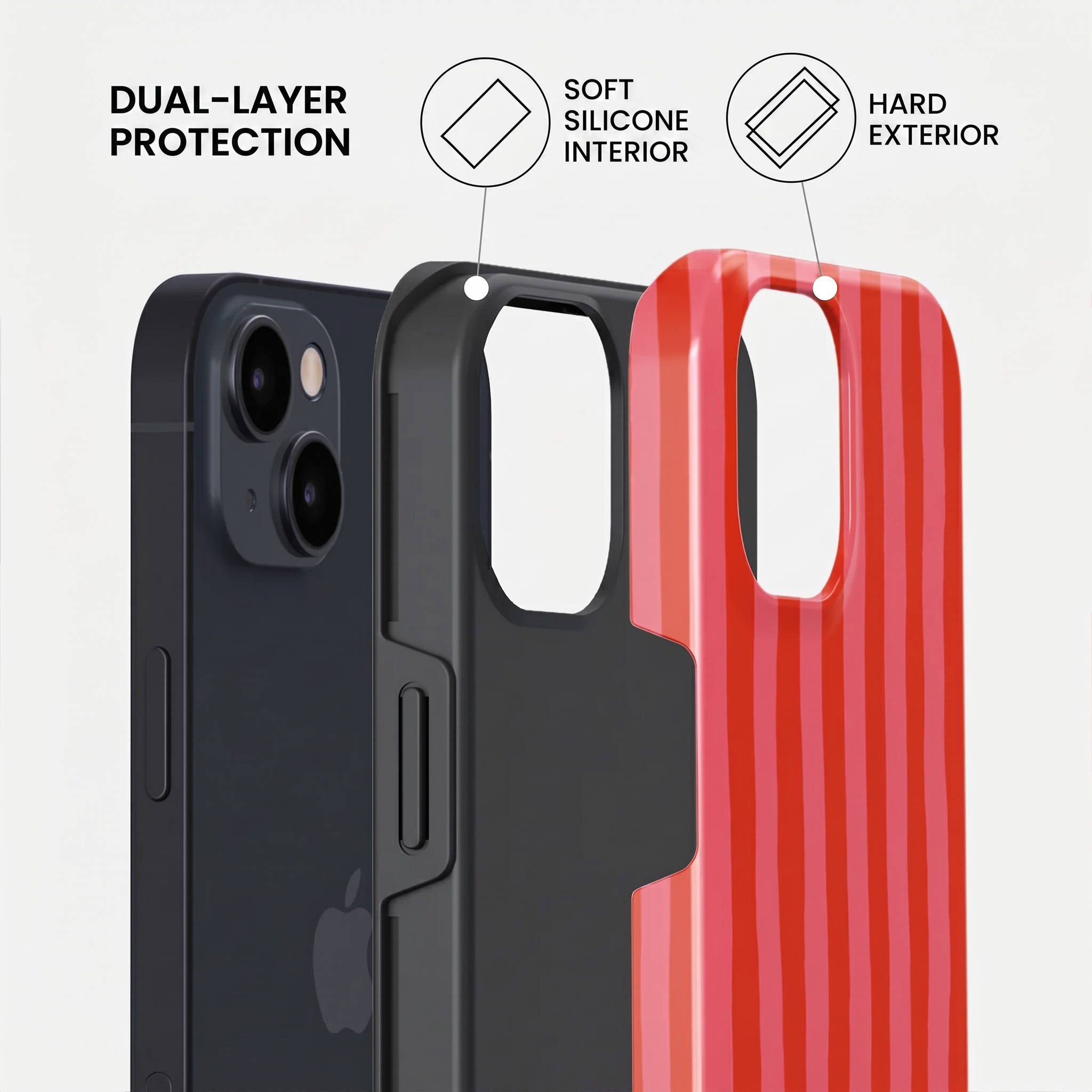 Dubbellaagse telefoonhoes met zachte siliconen binnenzijde en harde rood-wit gestreepte buitenzijde.
