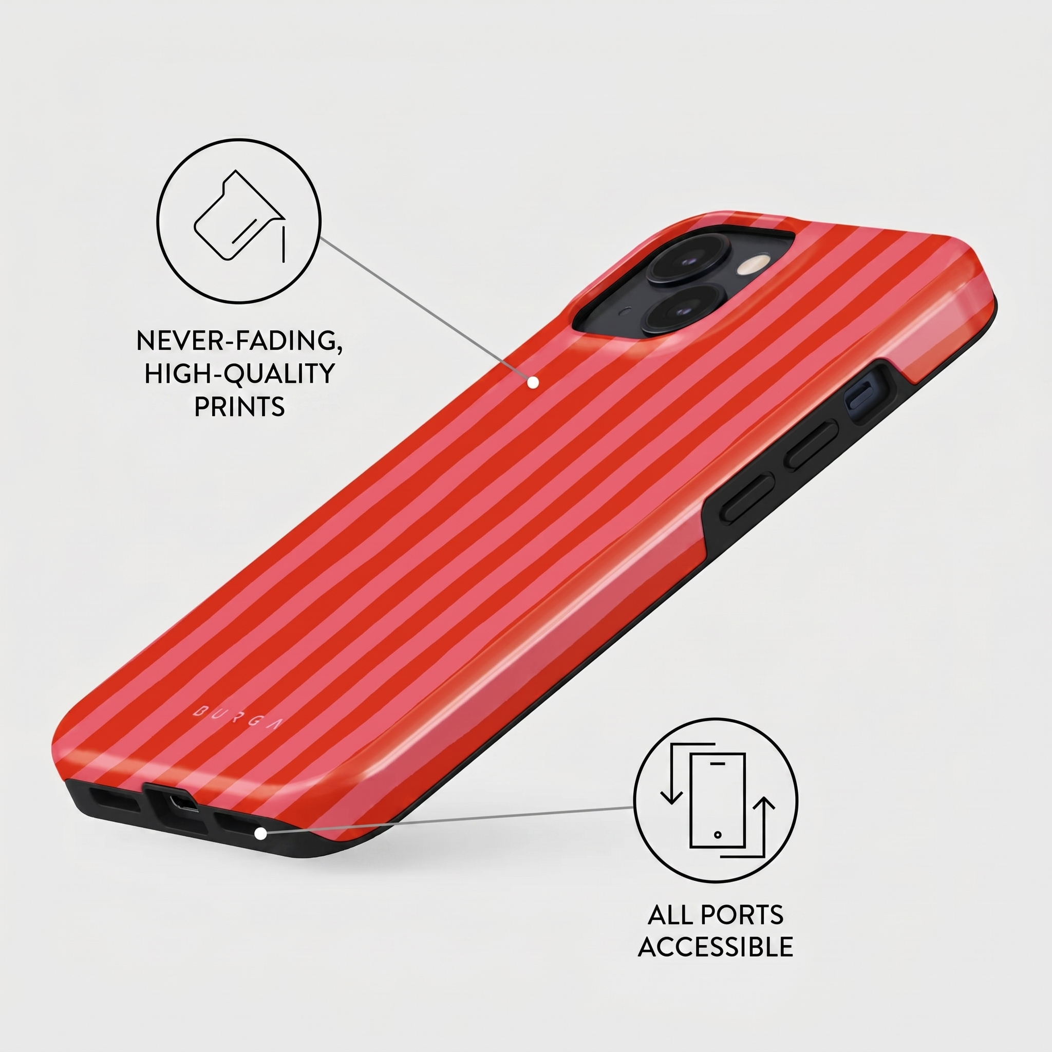 Rood gestreepte telefoonhoes met pictogrammen voor duurzame prints en toegankelijke poorten.