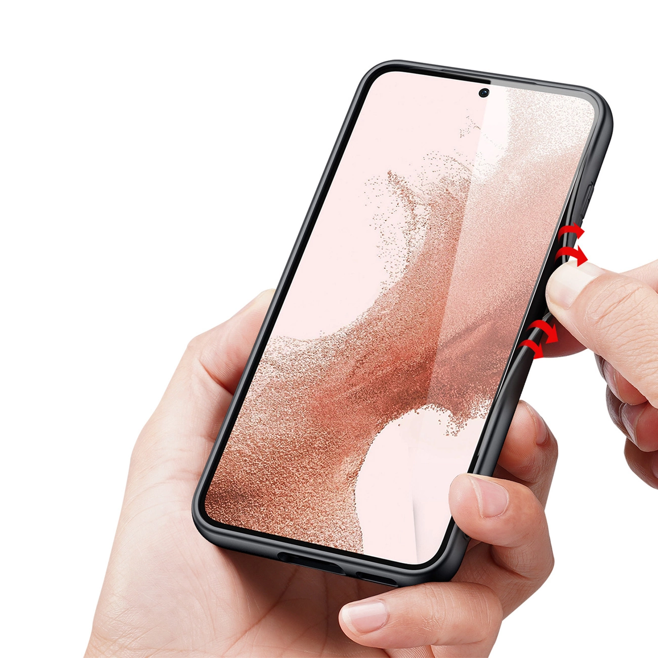 Le mani tengono uno smartphone con una freccia rossa che preme i tasti laterali.