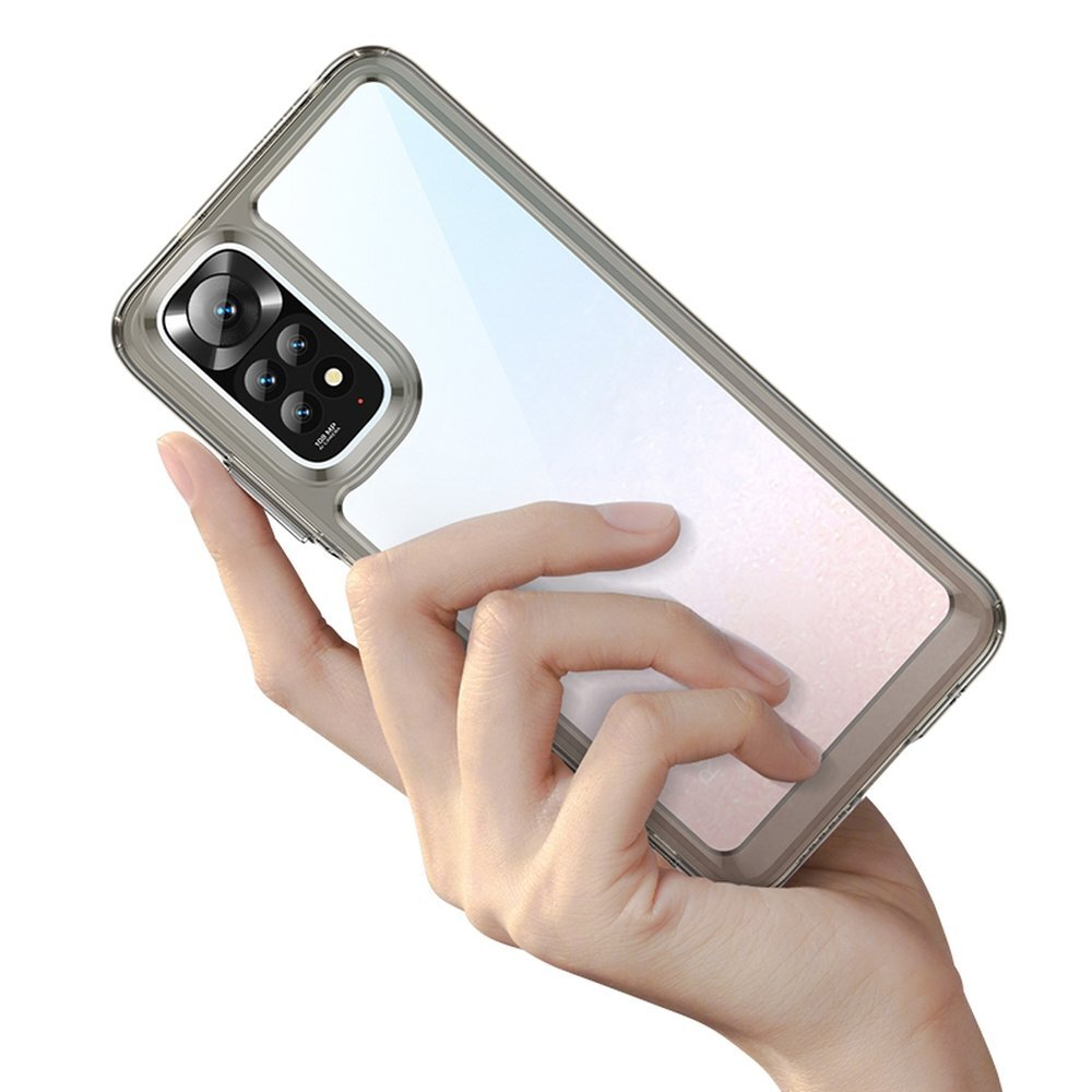 Una mano regge uno smartphone in una custodia protettiva trasparente con fotocamera.
