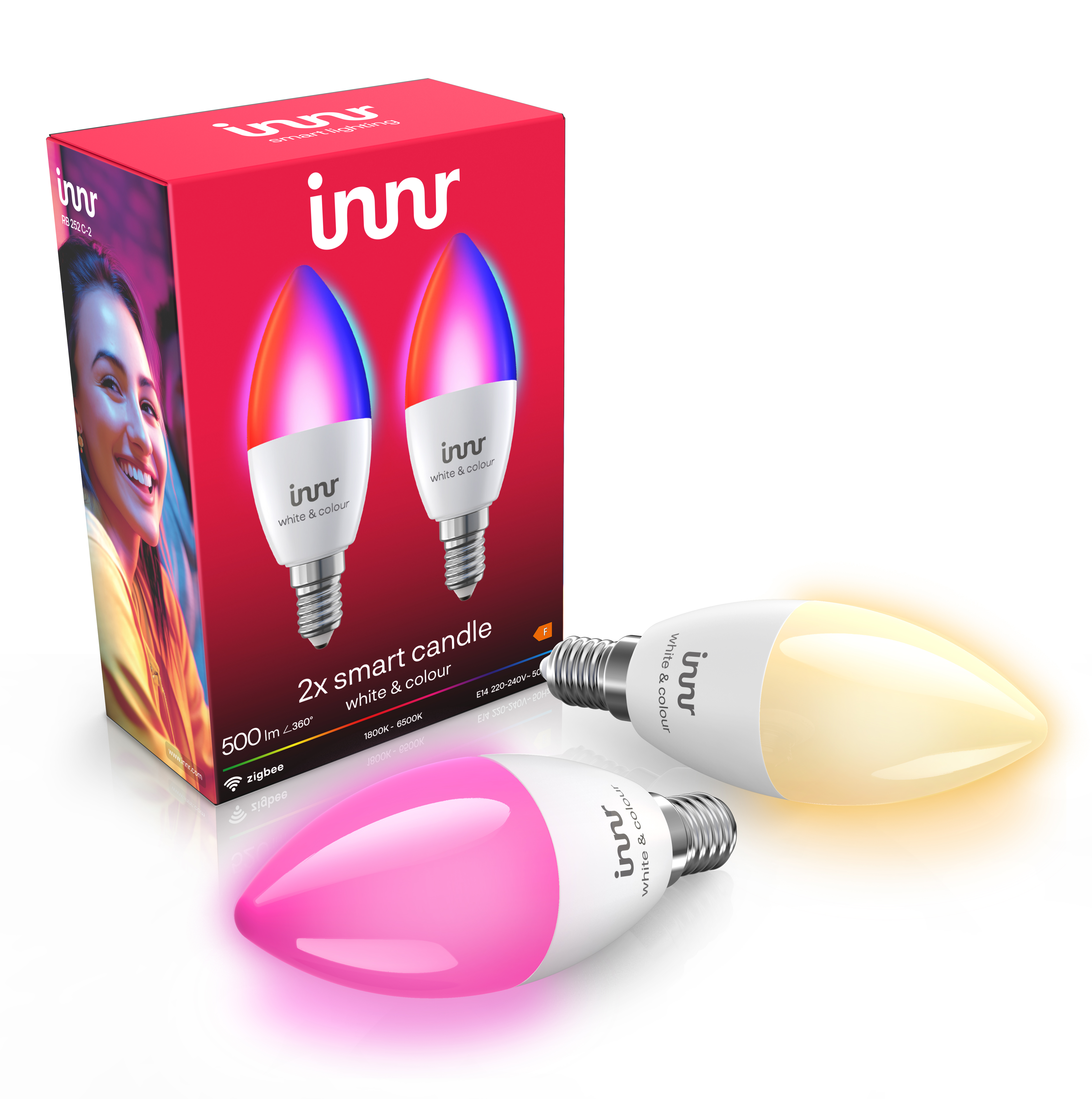Verpackung von Innr Smart Candle Leuchtmittel mit zwei farbigen LED-Kerzen auf weißem Grund.