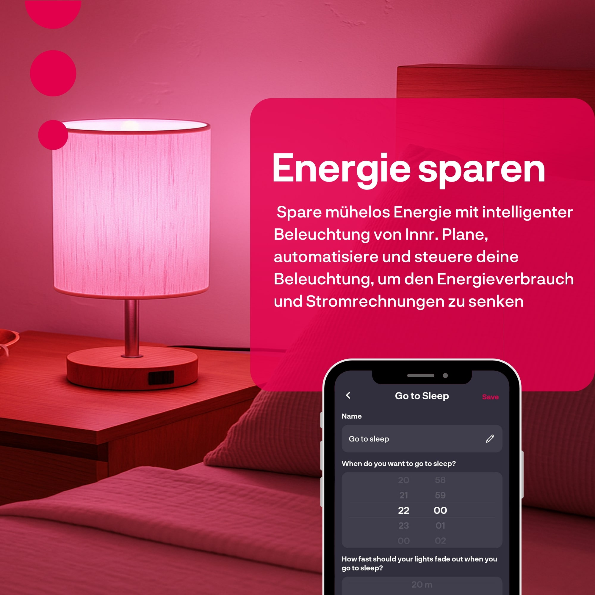 Nachttischlampe mit pinkem Licht, Smartphone und Textoverlay zum Energiesparen.