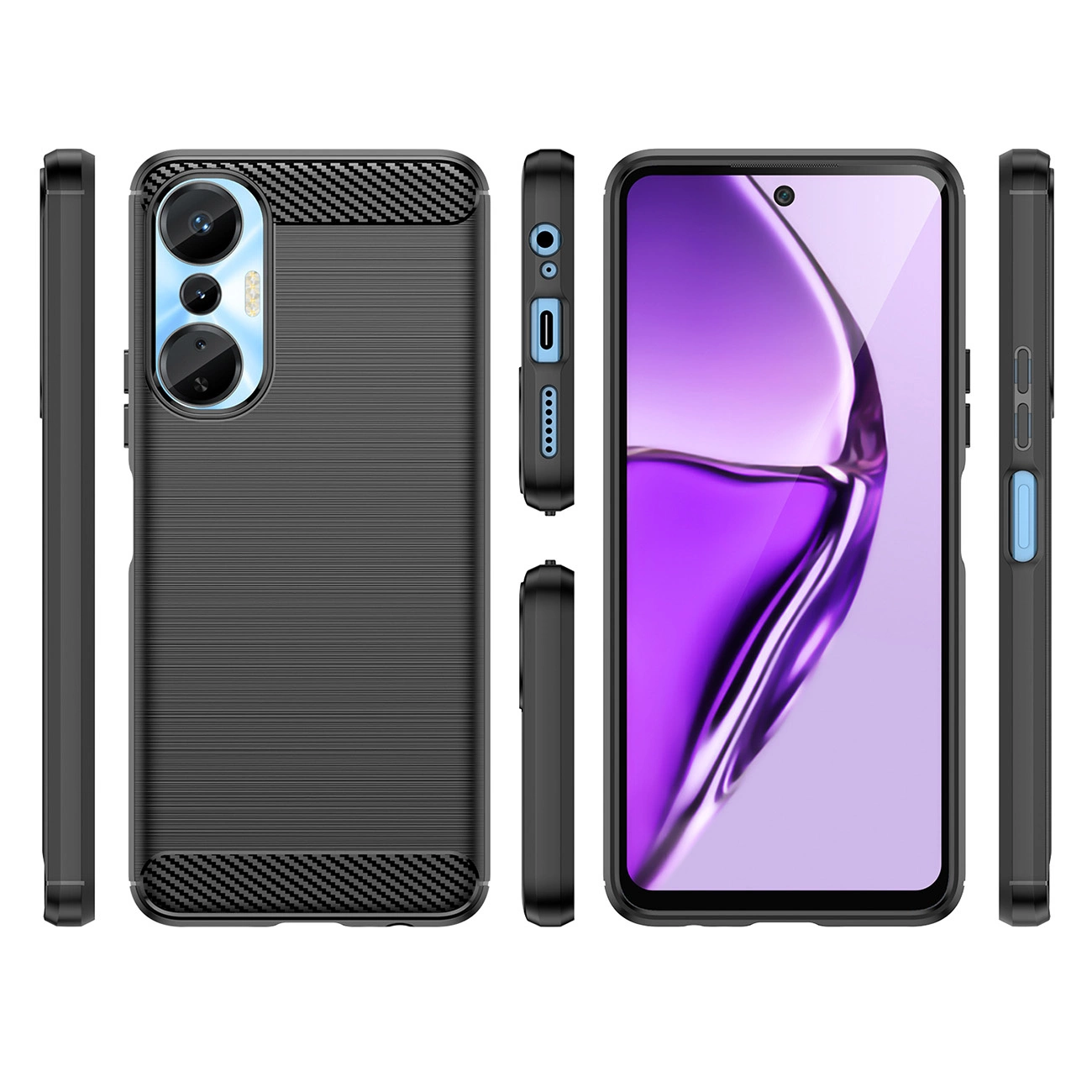 Viste anteriore, posteriore e laterale di uno smartphone nero con custodia e schermo viola.