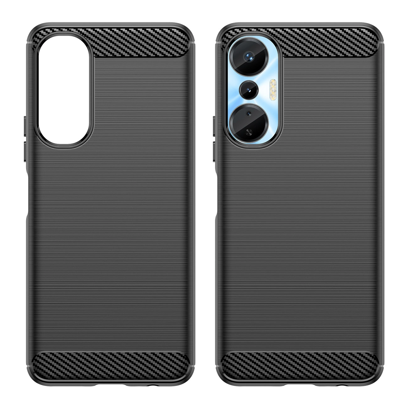 Custodia per smartphone nera con texture spazzolata e motivo in carbonio.