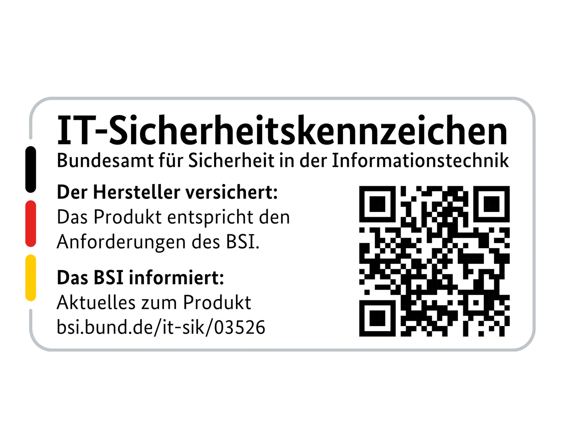 BSI IT-Sicherheitskennzeichen Etikett mit Text und QR-Code.