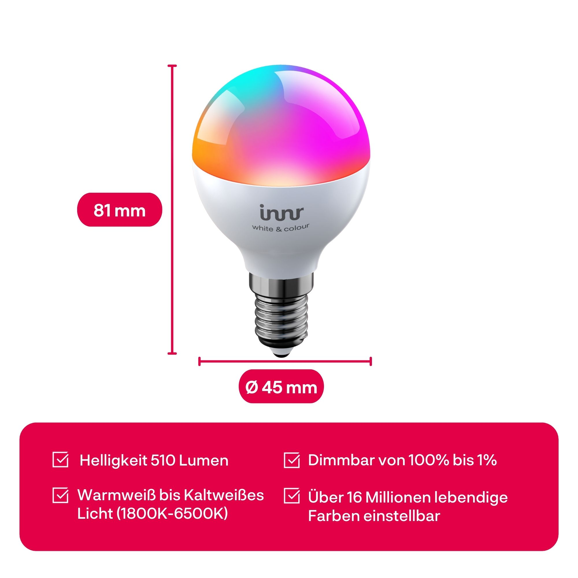 Eine Innr Smart Bulb Lampe mit Farbverlauf, Maßen von 81x45 mm und technischen Details auf rotem Grund.