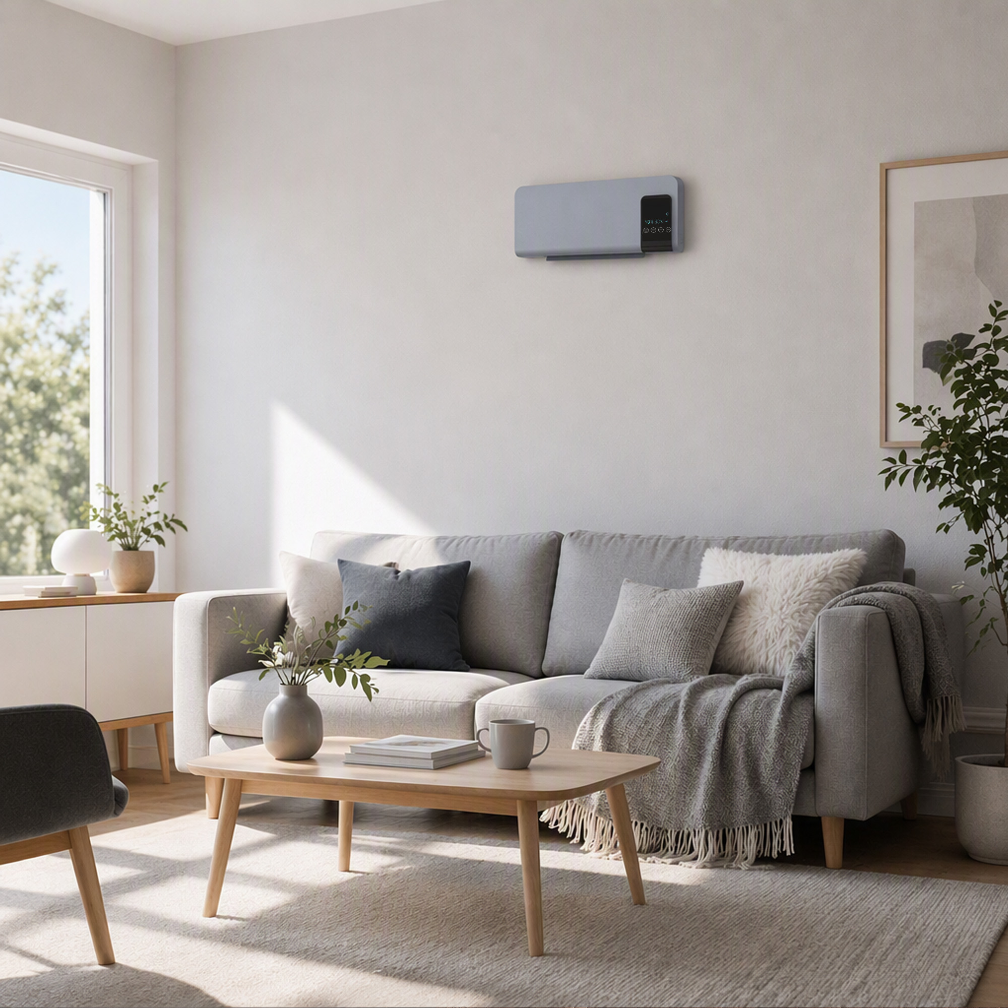 Una sala luminosa con un sofá gris, mesa de centro de madera y un calefactor moderno en la pared.