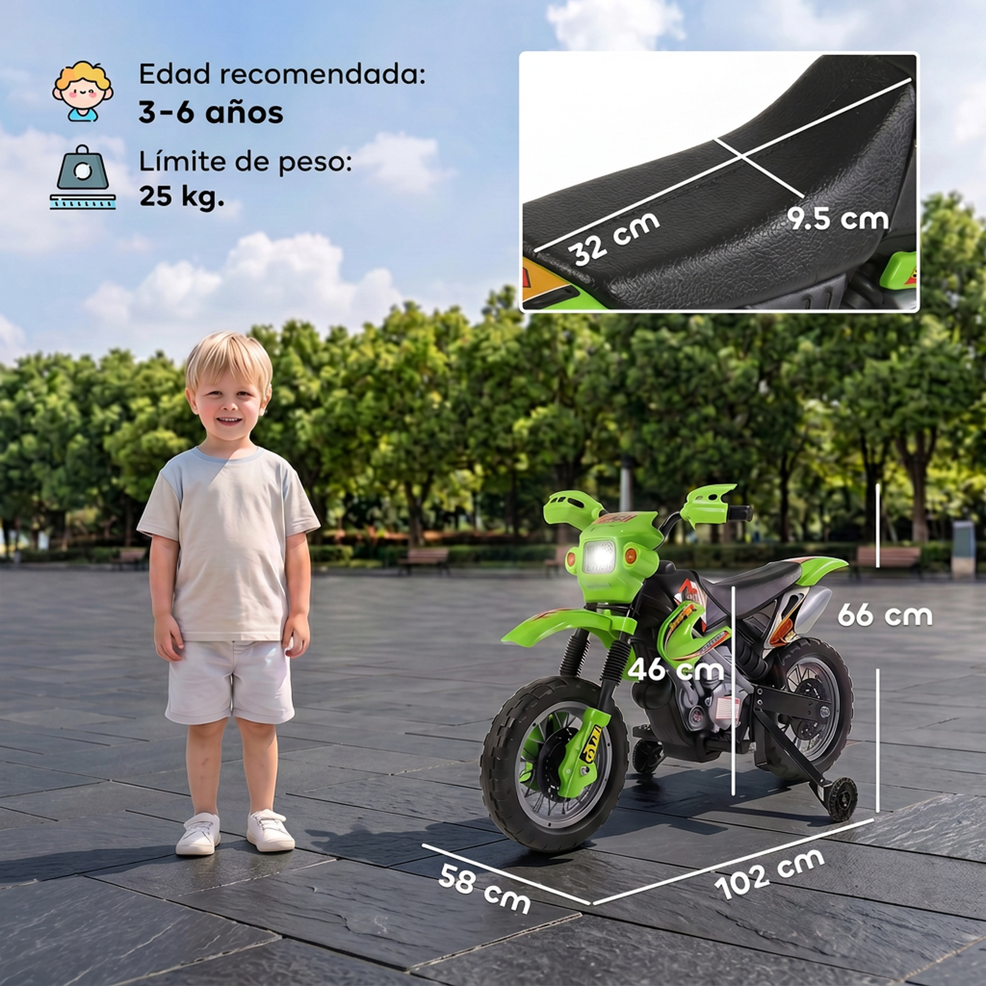 Un niño de pie junto a una moto de juguete verde al aire libre con datos.