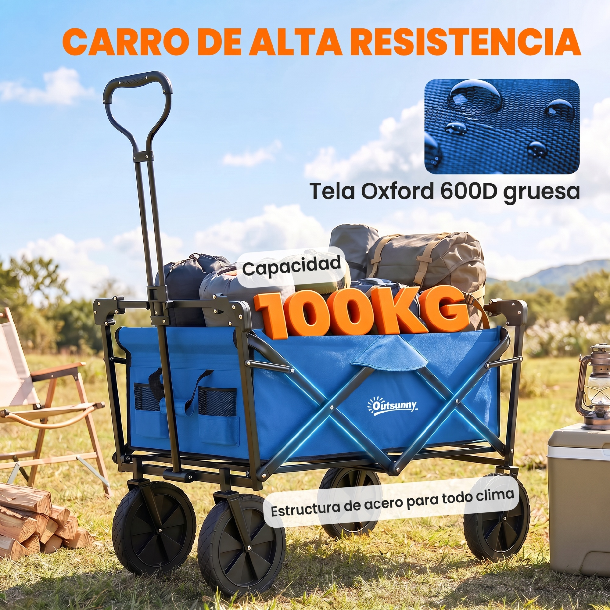 Un carrito utilitario plegable azul lleno de equipo de campamento se encuentra al aire libre.
