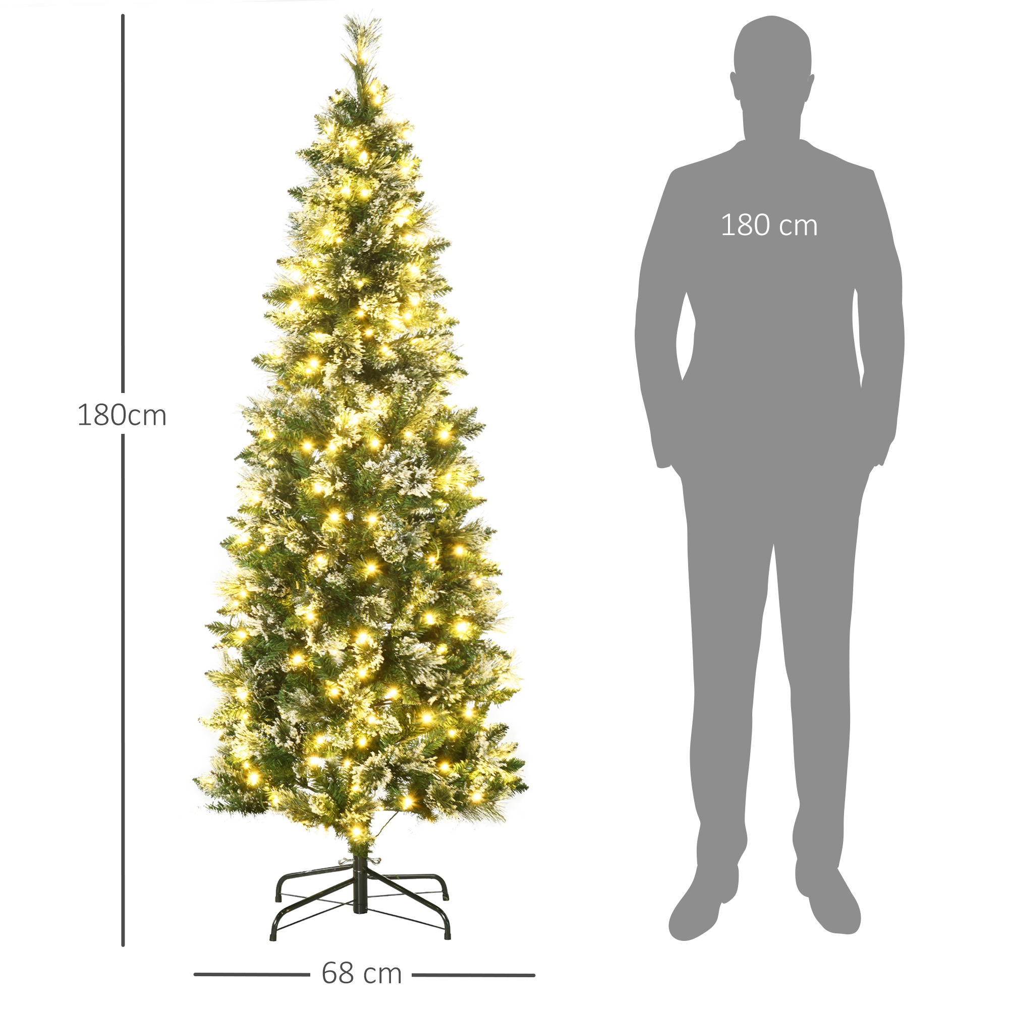 Árbol de navidad artificial iluminado, 180 cm de alto y 68 cm de ancho, junto a una silueta humana de escala.